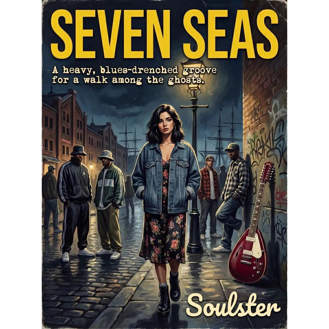 Soulster cinematic vintage pulp book cover art print illustration styled in a classic 1990s design layout inspired by Seven Seas.