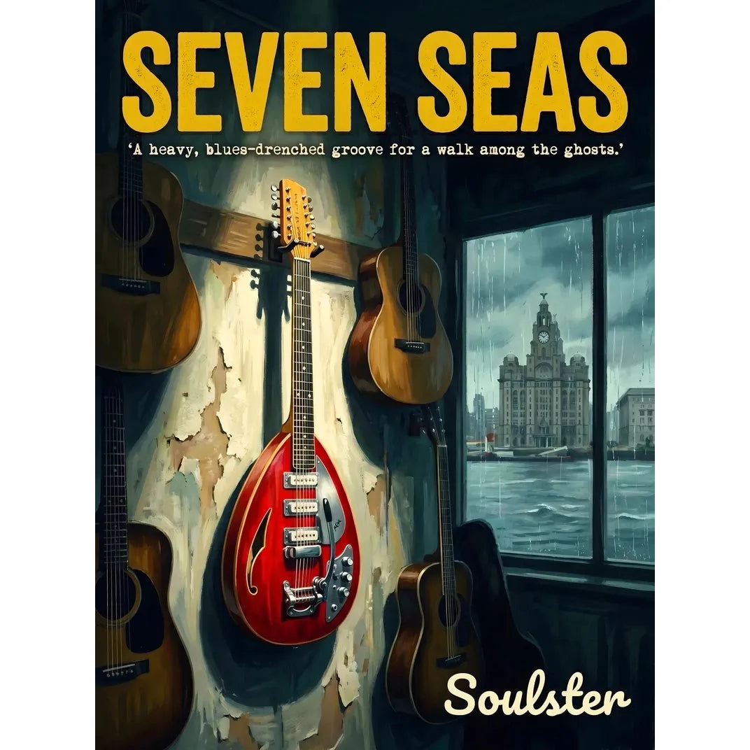 Soulster Manchester Edition wall art print showing a cinematic pulp style design of a Vintage Guitar inspired by Seven Seas - Liverpool.