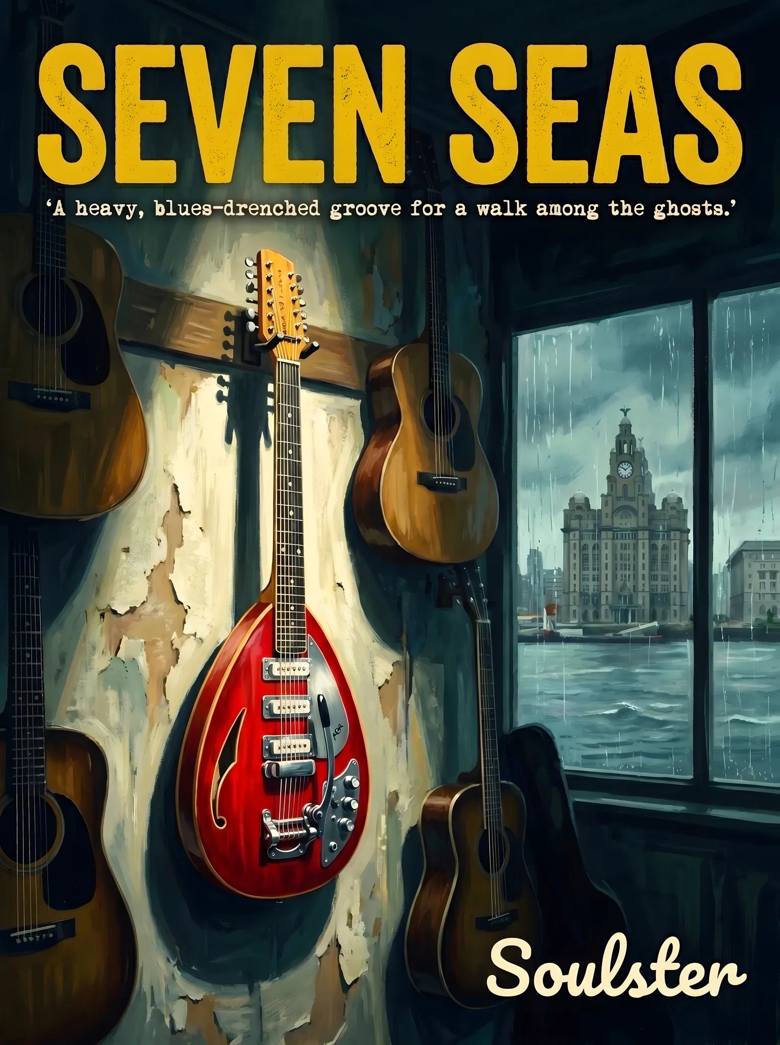 Soulster Manchester Edition wall art print showing a cinematic pulp style design of a Vintage Guitar inspired by Seven Seas - Liverpool.