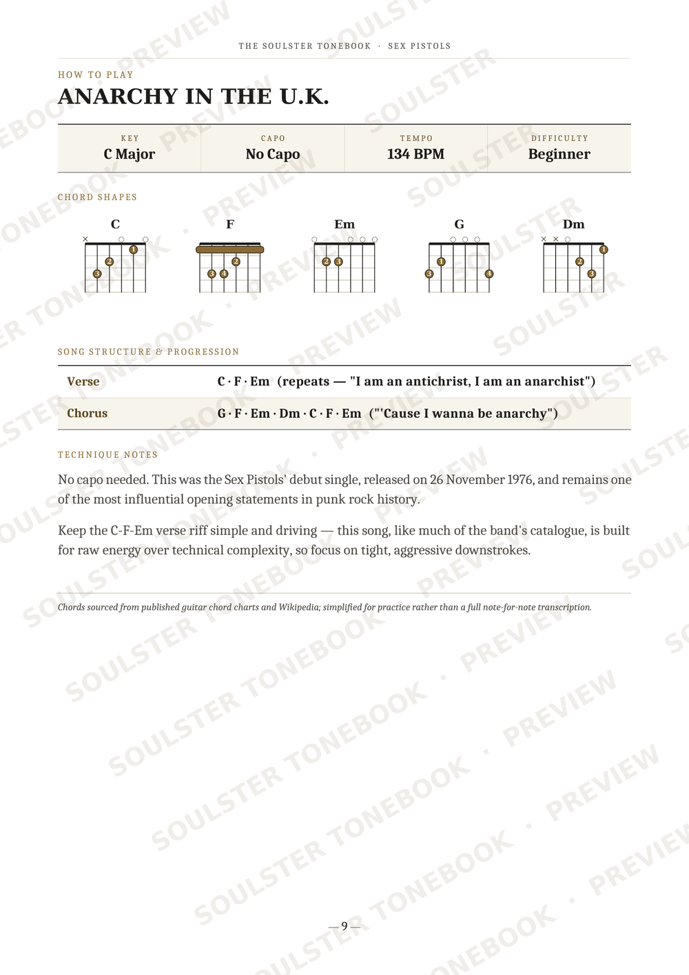 A guitar lesson page titled 'ANARCHY IN THE U.K.
