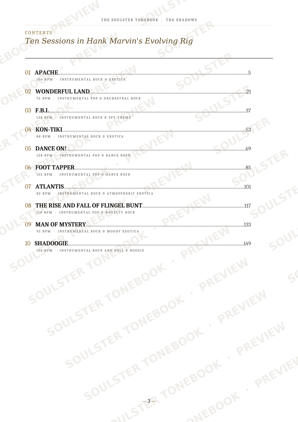 A printed table of contents page from 'The Soulster Tonebook' titled 'Ten Sessions in Hank Marvin's Evolving Rig', showing numbered chapter titles and page numbers with repeated diagonal 'SOULSTER TONEBOOK PREVIEW' watermarks across the page.