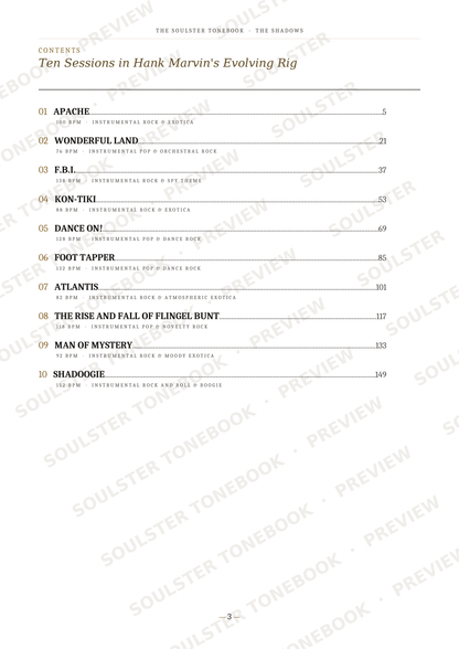 A printed table of contents page from 'The Soulster Tonebook' titled 'Ten Sessions in Hank Marvin's Evolving Rig', showing numbered chapter titles and page numbers with repeated diagonal 'SOULSTER TONEBOOK PREVIEW' watermarks across the page.