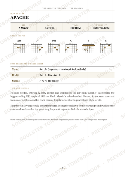 A guitar tab sheet music page for 'Apache' by Josh Leland, featuring chord diagrams for Am, D, Dm, G, F, and C, along with strumming and picking instructions on a white background with a faint watermark.