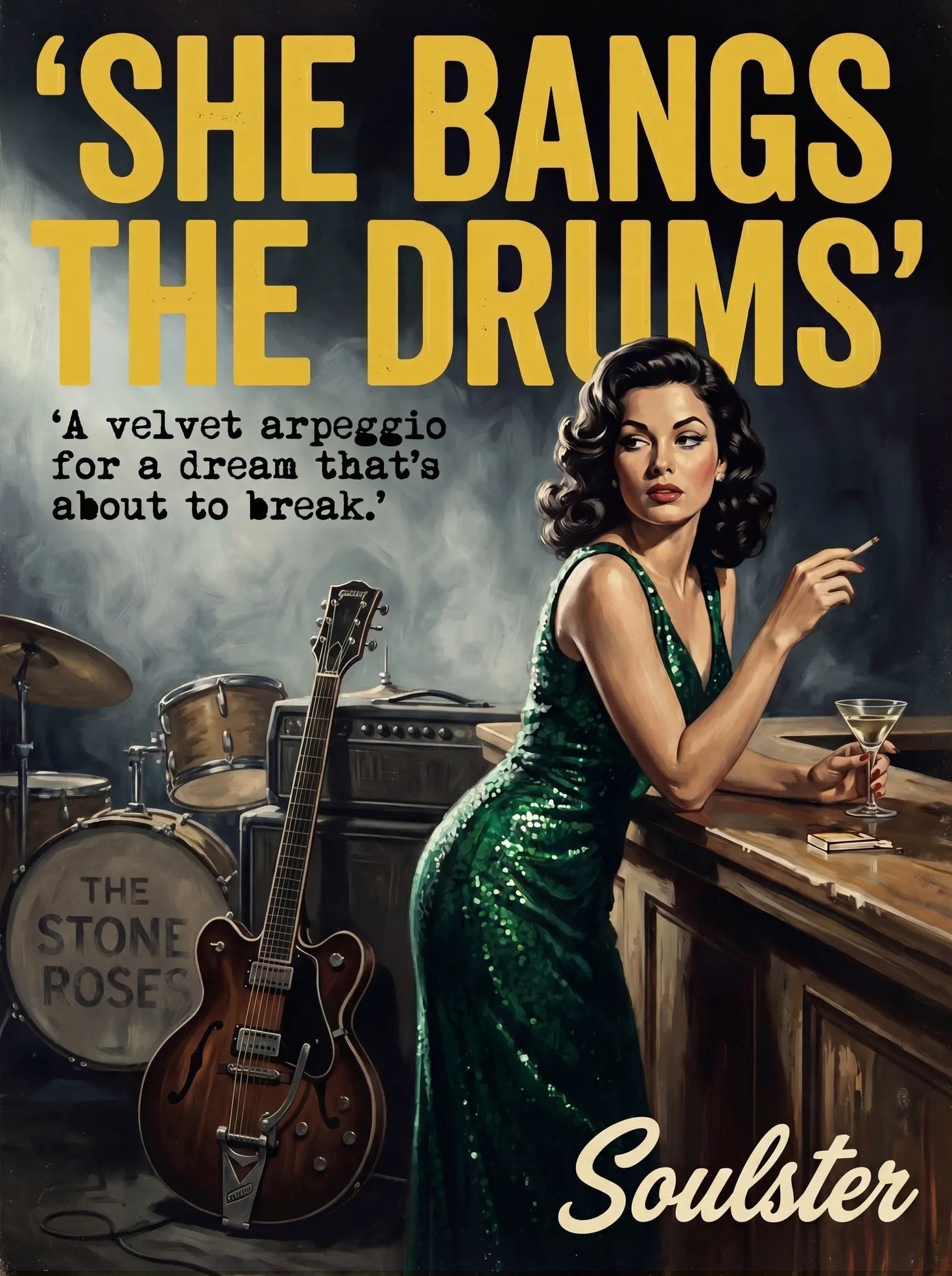 Soulster cinematic vintage pulp book cover art print illustration styled in a classic 1950s design layout inspired by She Bangs The Drums.