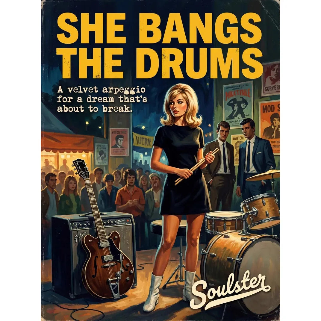 Soulster cinematic vintage pulp book cover art print illustration styled in a classic 1960s design layout inspired by She Bangs The Drums.
