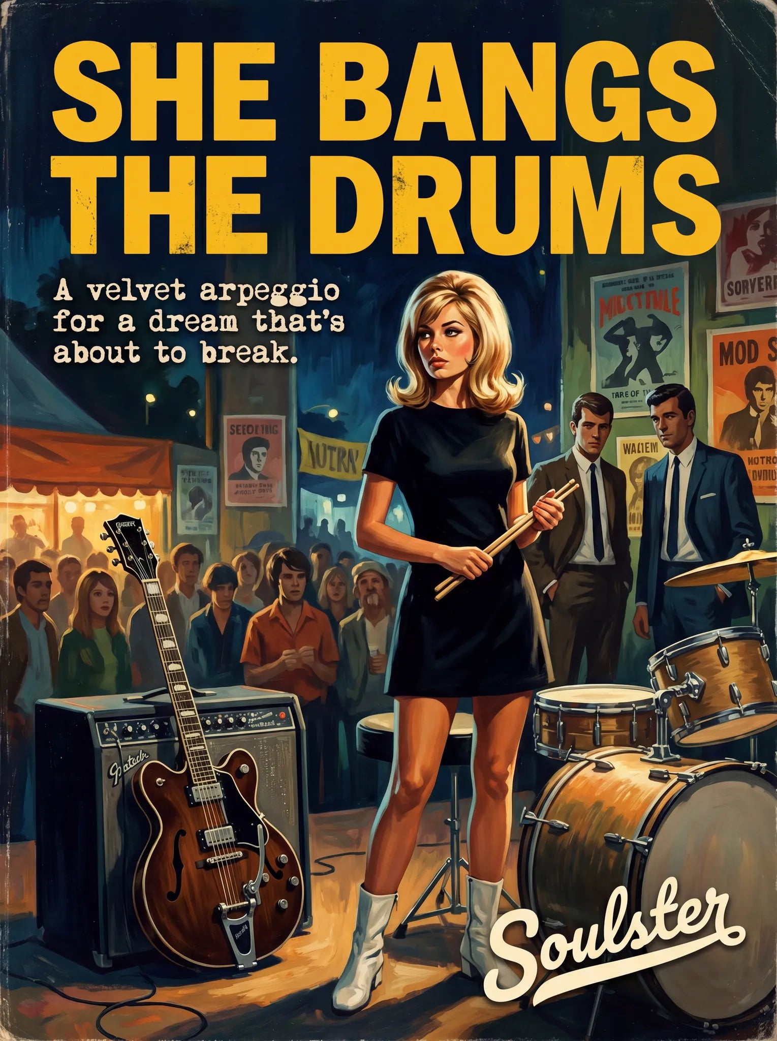 Soulster cinematic vintage pulp book cover art print illustration styled in a classic 1960s design layout inspired by She Bangs The Drums.