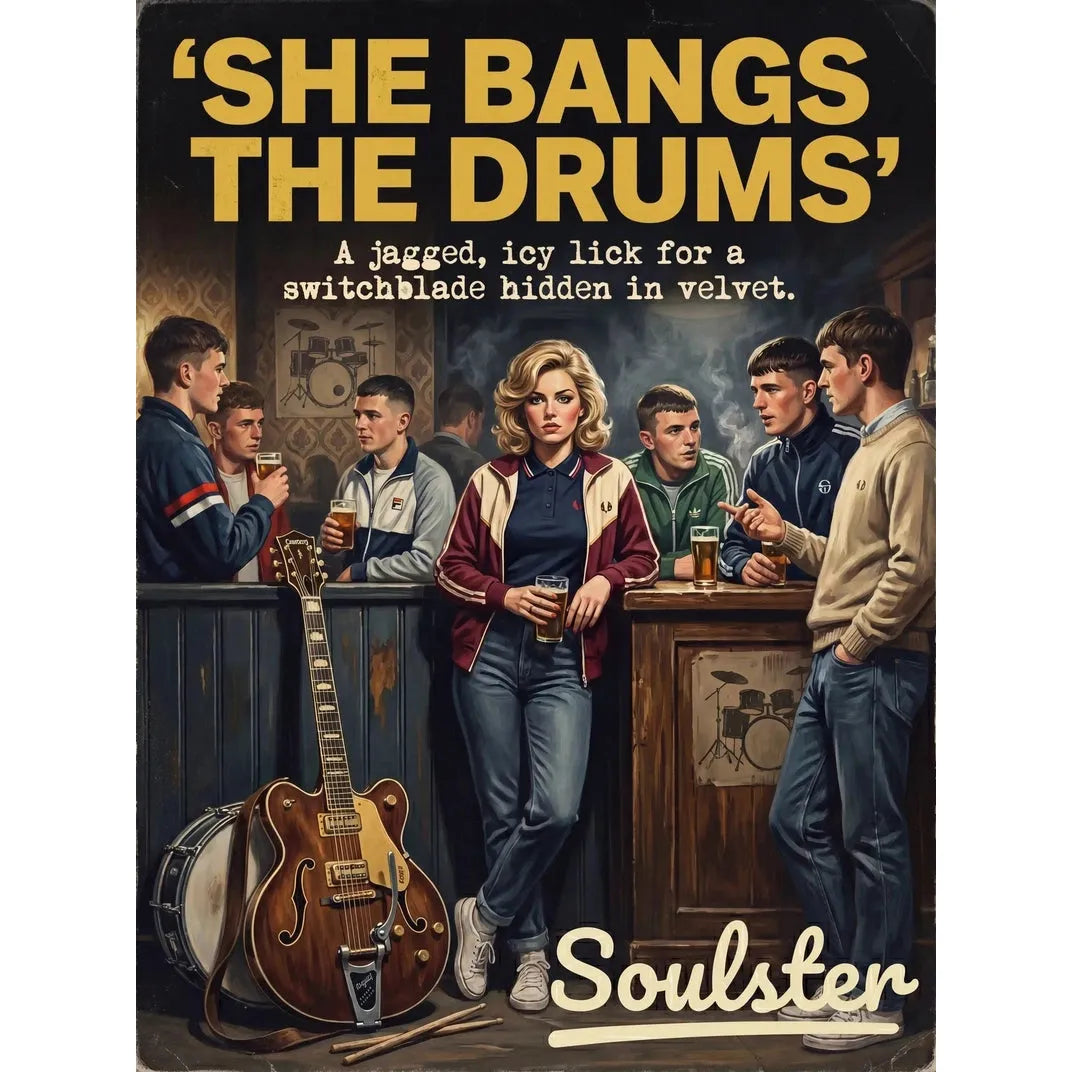 Soulster retro pulp thriller book cover style art print illustration inspired by The Stone Roses - She Bangs The Drums.