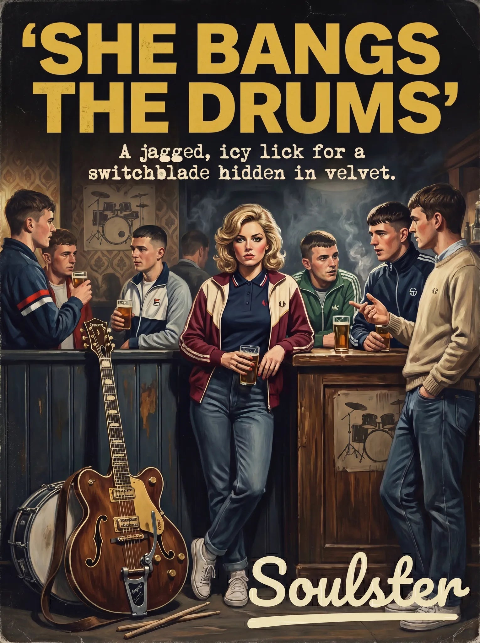 Soulster retro pulp thriller book cover style art print illustration inspired by The Stone Roses - She Bangs The Drums.