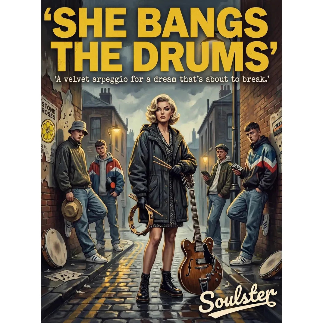 Soulster cinematic vintage pulp book cover art print illustration styled in a classic 1990s design layout inspired by She Bangs The Drums.