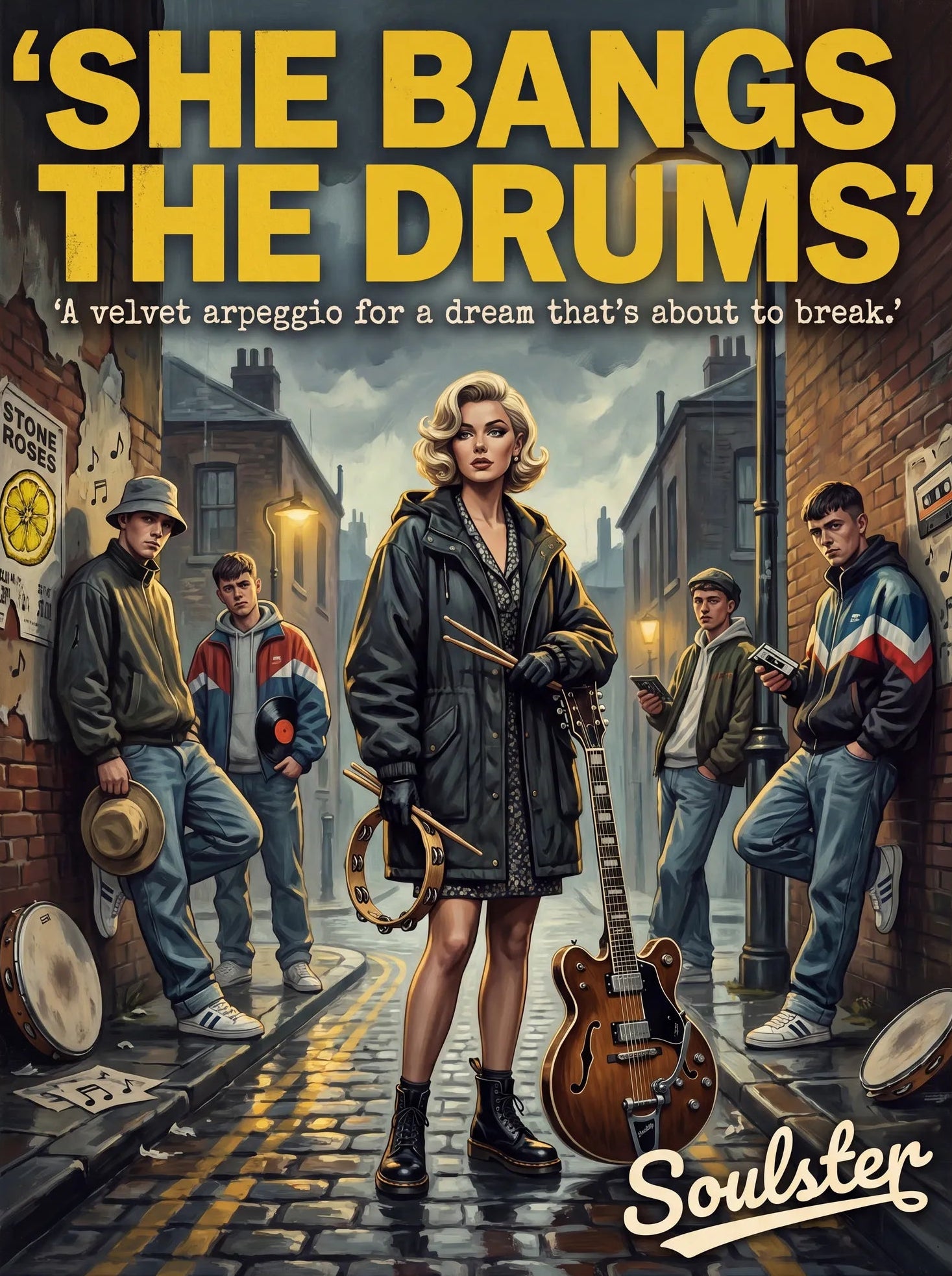 Soulster cinematic vintage pulp book cover art print illustration styled in a classic 1990s design layout inspired by She Bangs The Drums.