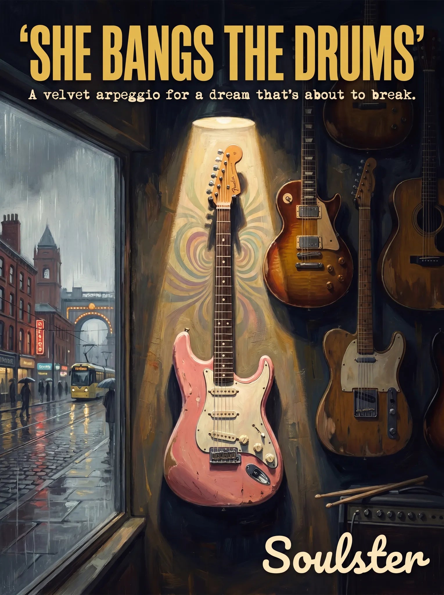 Soulster Manchester Edition wall art print showing a cinematic pulp style design of a Vintage Guitar inspired by She Bangs The Drums.