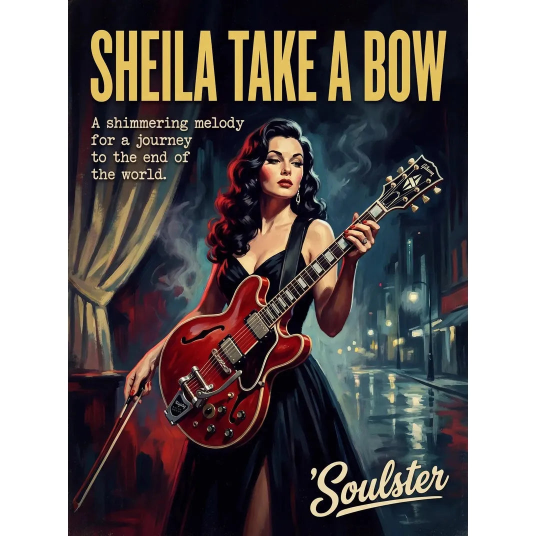 Soulster cinematic vintage pulp book cover art print illustration styled in a classic 1950s design layout inspired by Sheila Take A Bow.