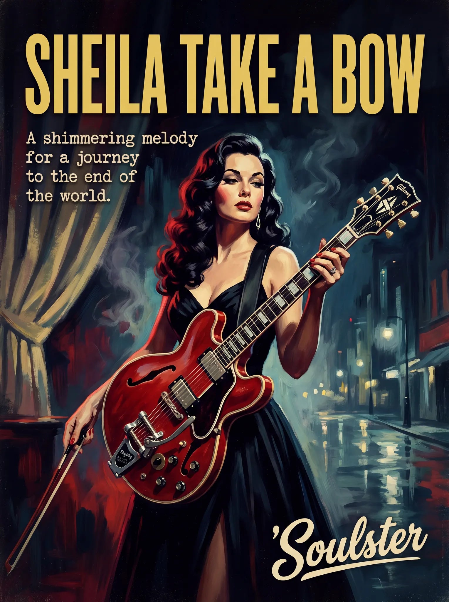 Soulster cinematic vintage pulp book cover art print illustration styled in a classic 1950s design layout inspired by Sheila Take A Bow.