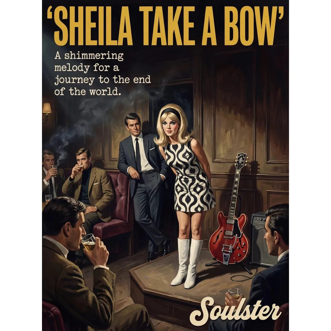 Soulster cinematic vintage pulp book cover art print illustration styled in a classic 1960s design layout inspired by Sheila Take A Bow.