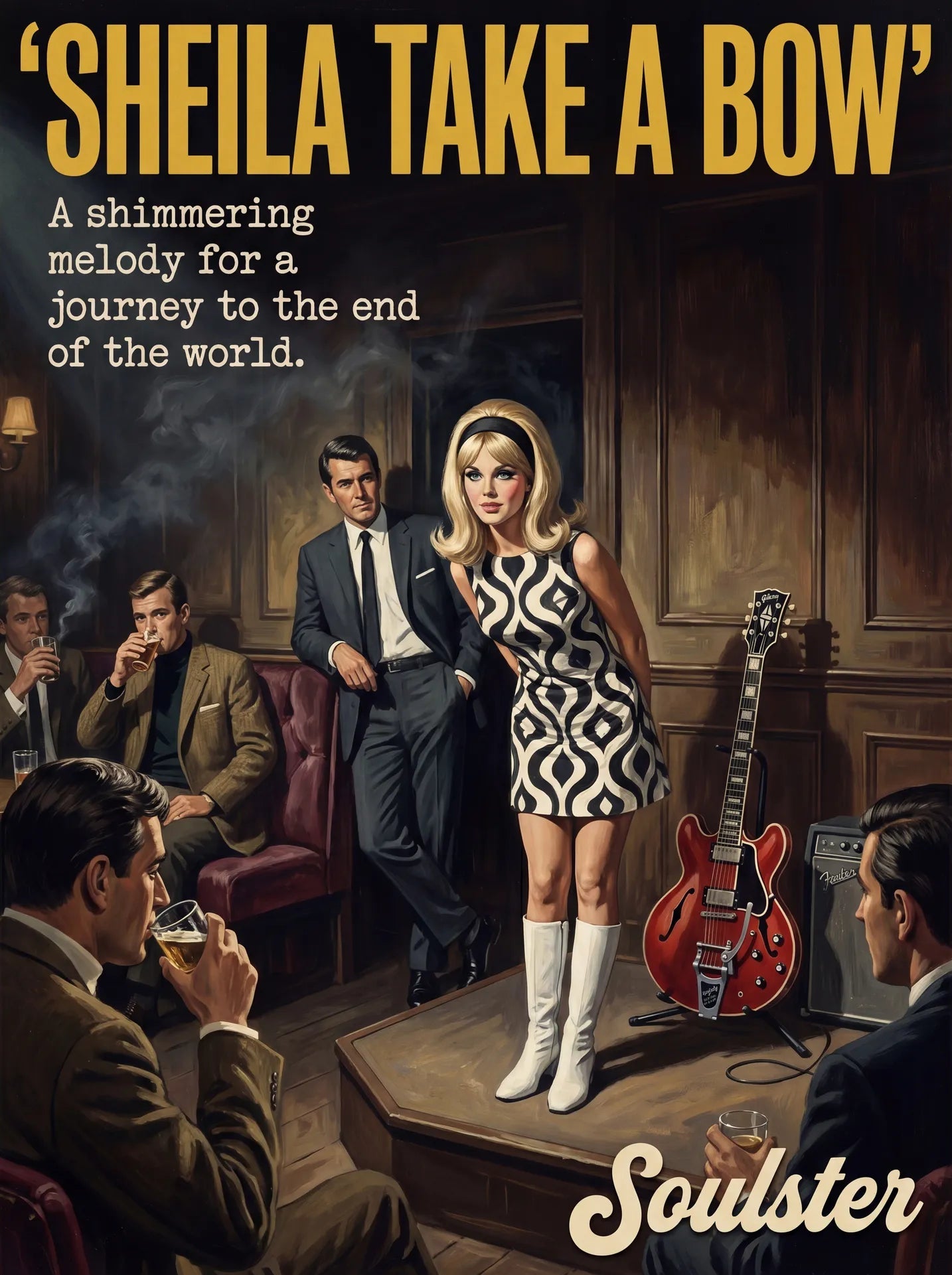 Soulster cinematic vintage pulp book cover art print illustration styled in a classic 1960s design layout inspired by Sheila Take A Bow.