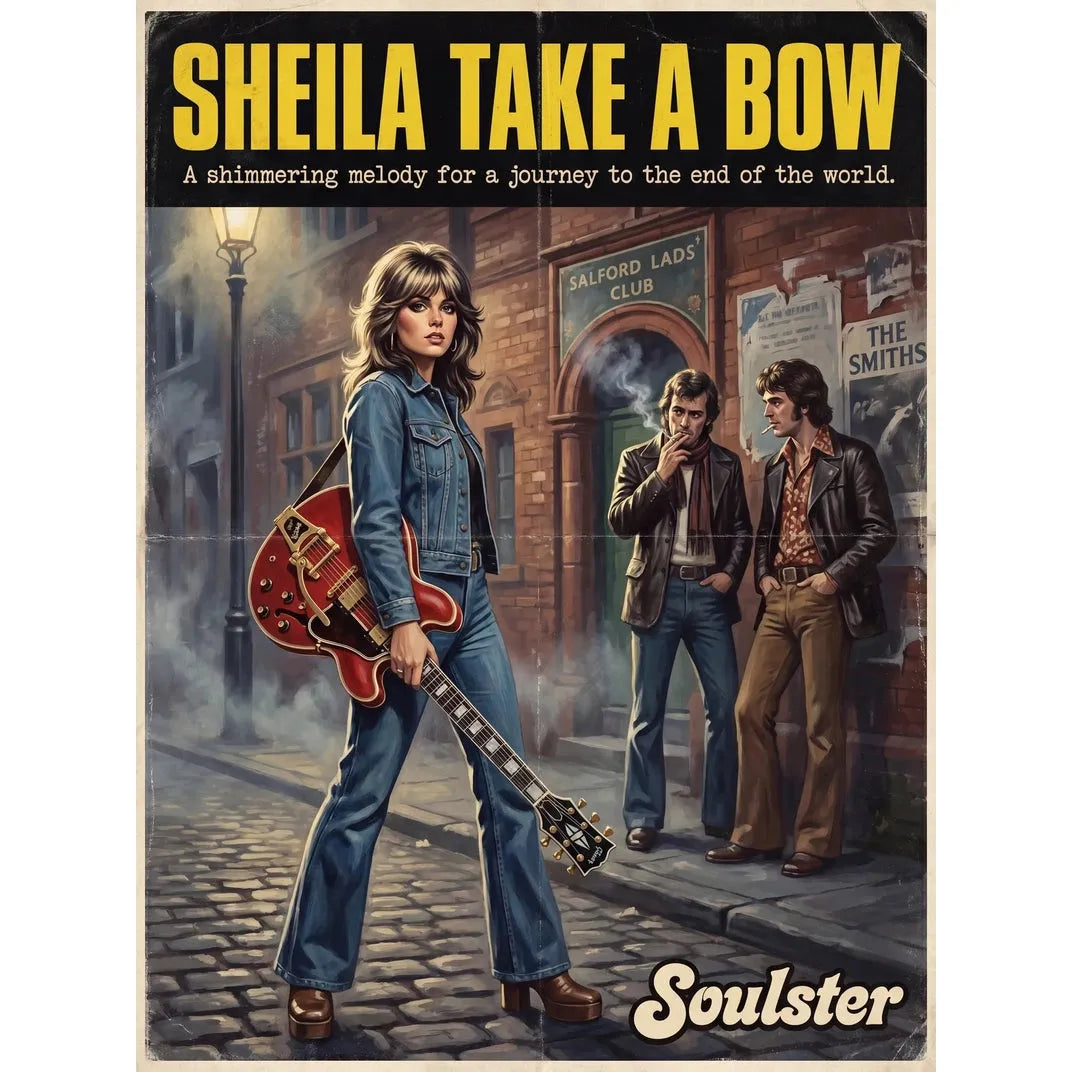 Soulster cinematic vintage pulp book cover art print illustration styled in a classic 1970s design layout inspired by Sheila Take A Bow.