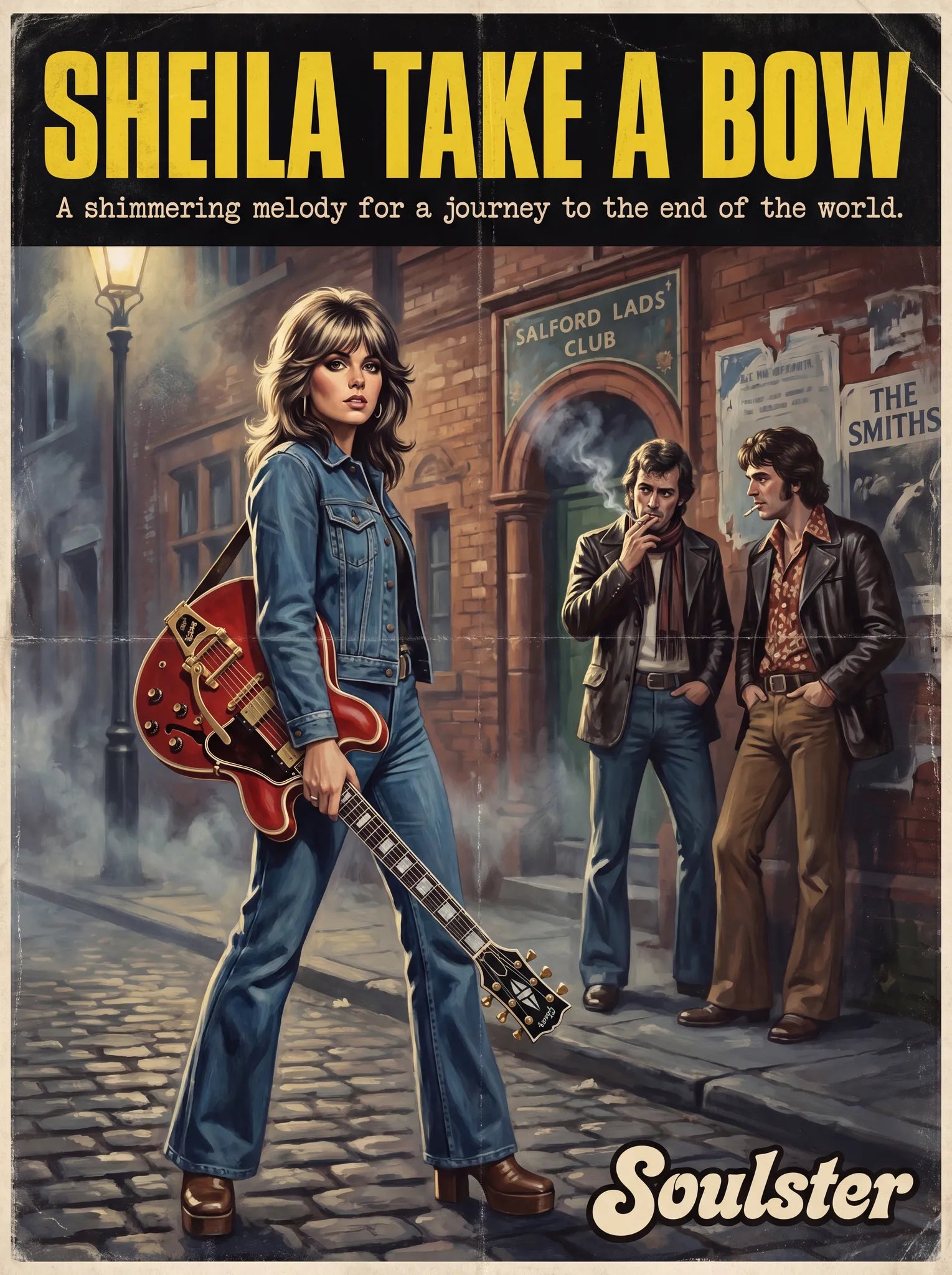 Soulster cinematic vintage pulp book cover art print illustration styled in a classic 1970s design layout inspired by Sheila Take A Bow.