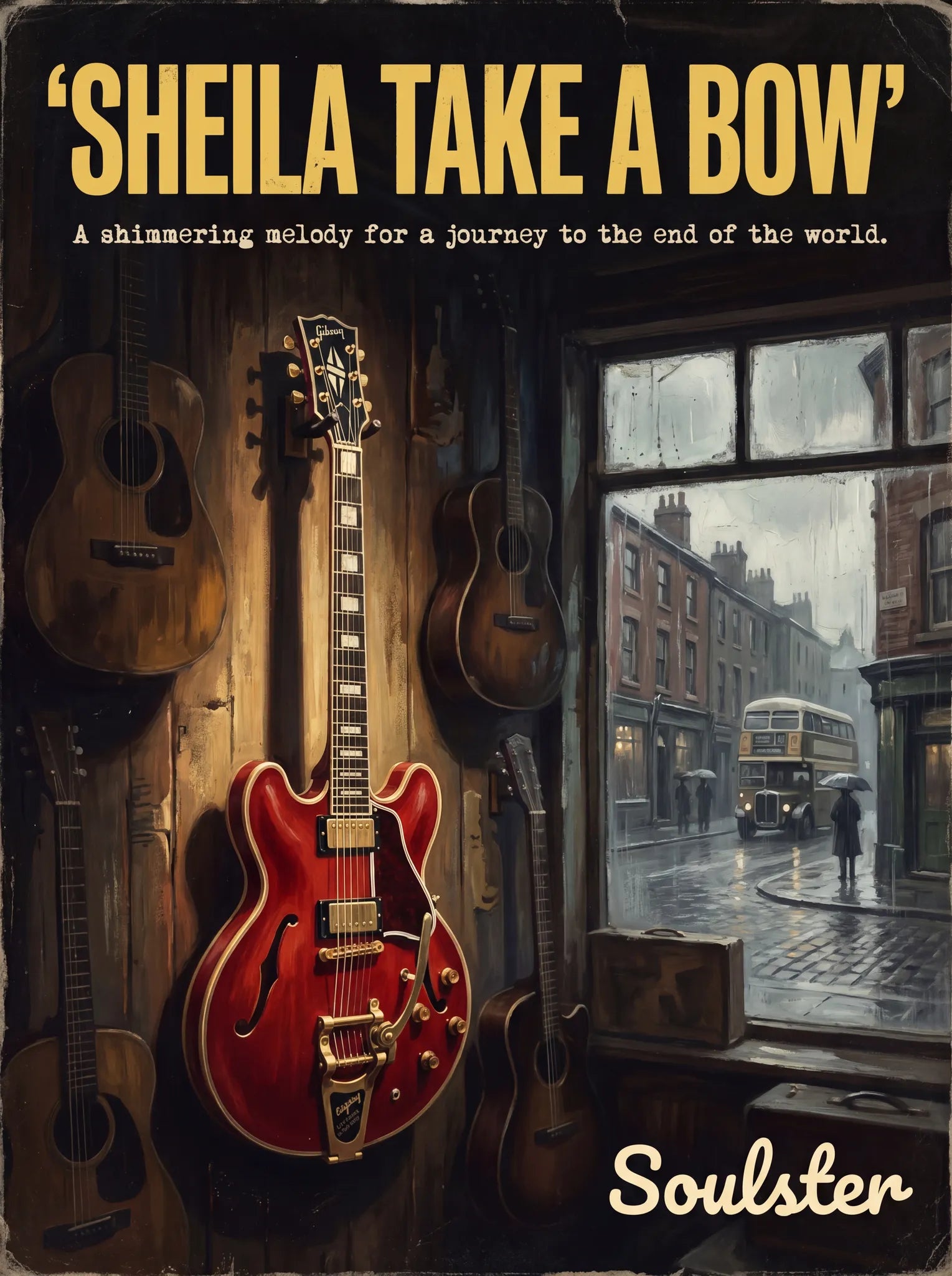 Soulster Manchester Edition wall art print showing a cinematic pulp style design of a Gibson ES-355 Custom inspired by Sheila Take A Bow.