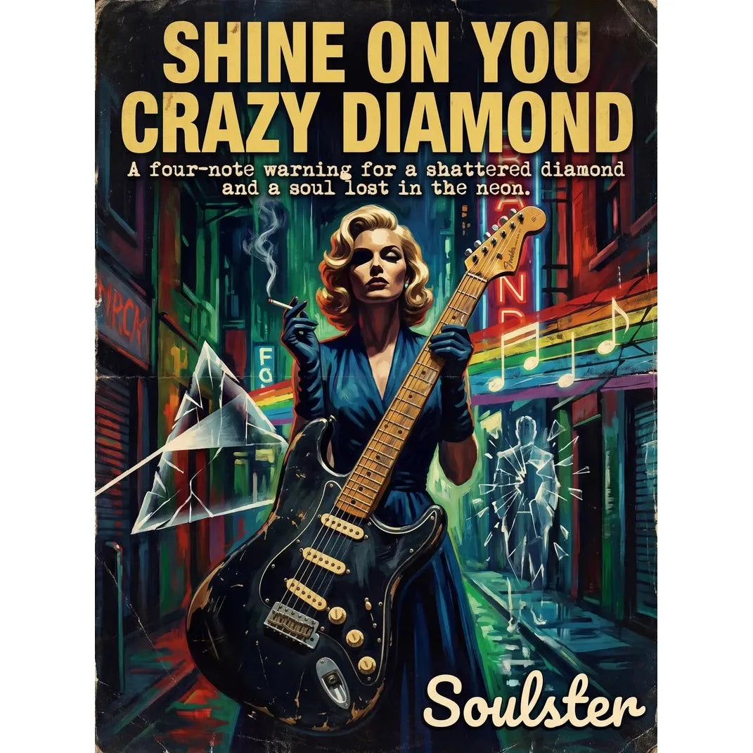 Soulster cinematic vintage pulp book cover art print illustration styled in a classic 1950s design layout inspired by Shine On You Crazy Diamond.