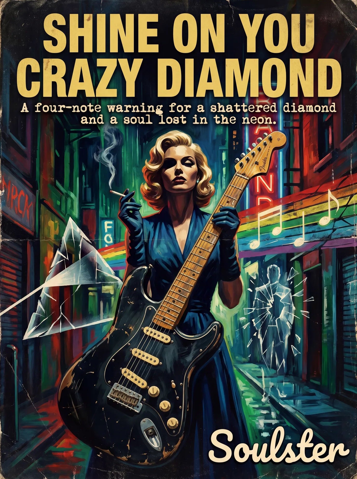 Soulster cinematic vintage pulp book cover art print illustration styled in a classic 1950s design layout inspired by Shine On You Crazy Diamond.