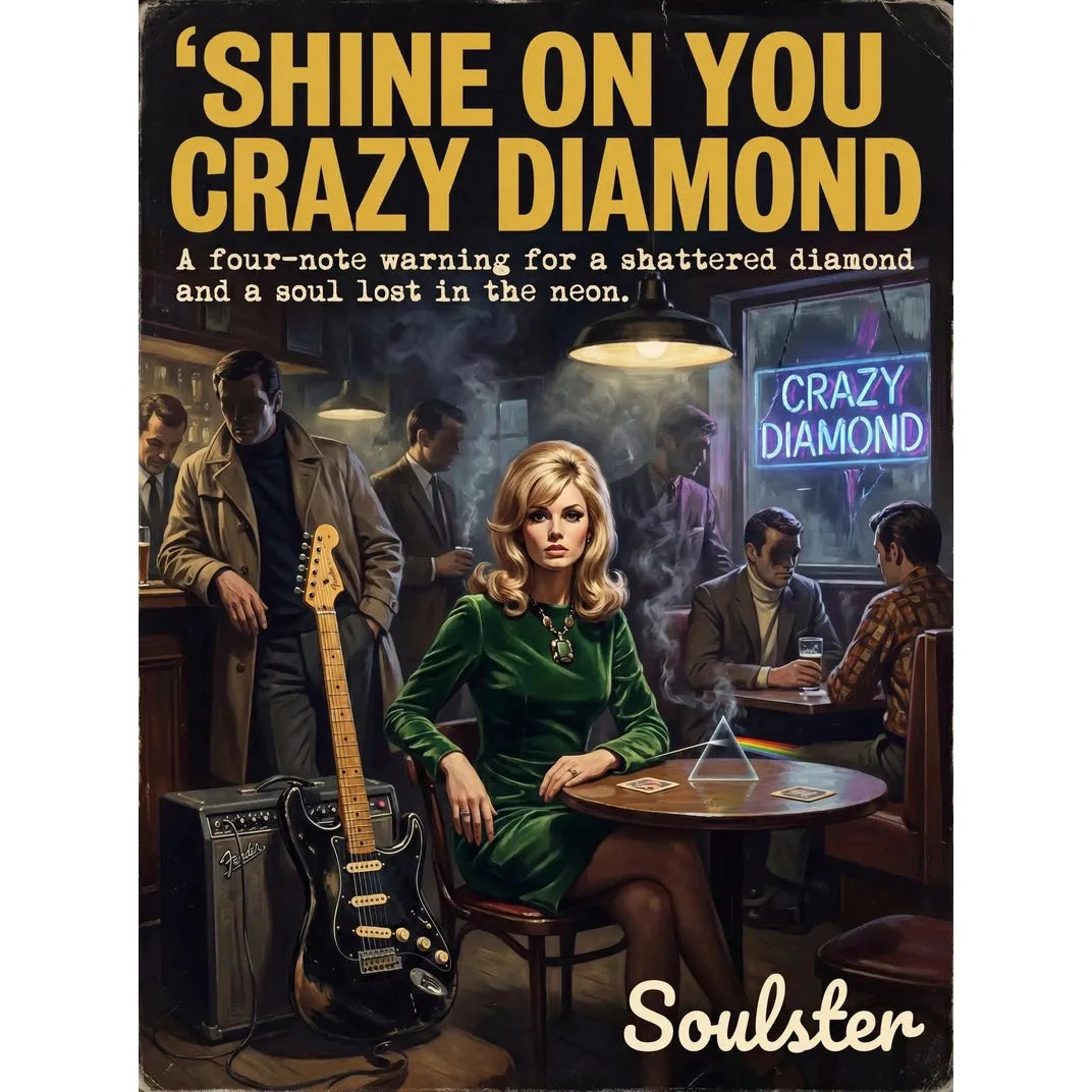 Soulster cinematic vintage pulp book cover art print illustration styled in a classic 1960s design layout inspired by Shine On You Crazy Diamond.