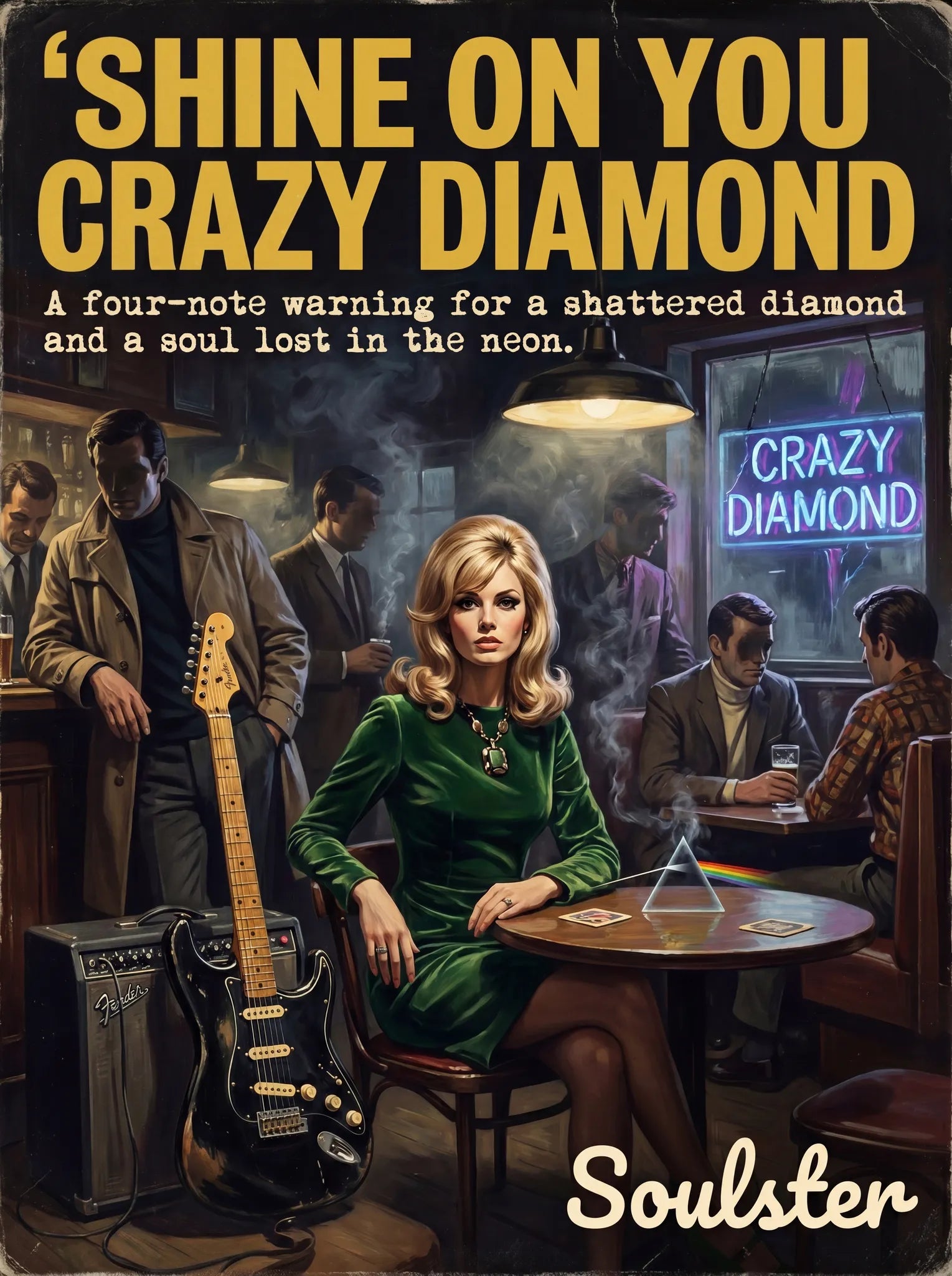 Soulster cinematic vintage pulp book cover art print illustration styled in a classic 1960s design layout inspired by Shine On You Crazy Diamond.