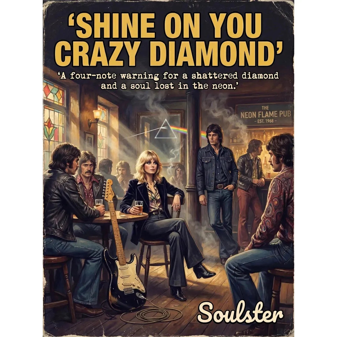 Soulster cinematic vintage pulp book cover art print illustration styled in a classic 1970s design layout inspired by Shine On You Crazy Diamond.