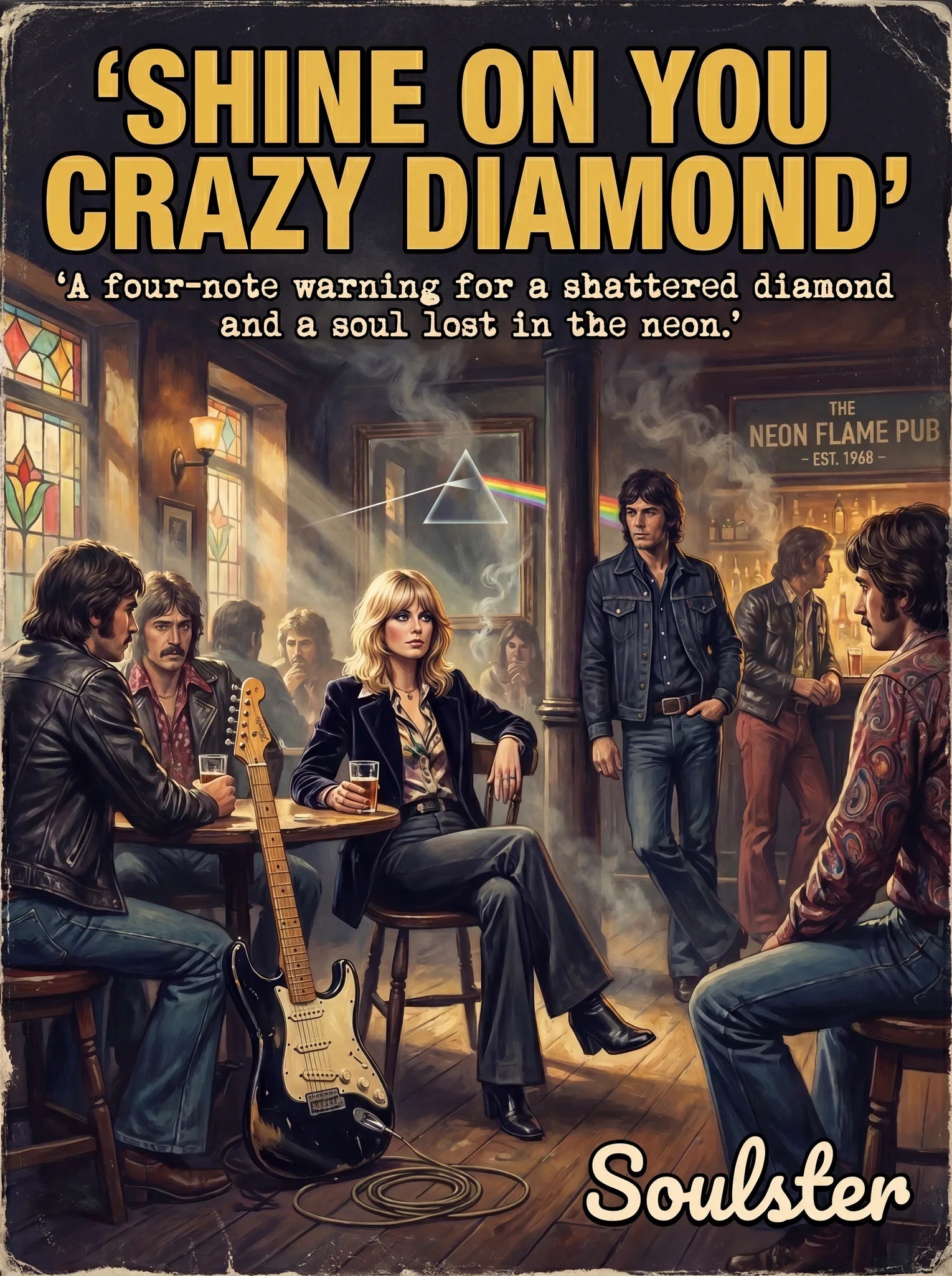 Soulster cinematic vintage pulp book cover art print illustration styled in a classic 1970s design layout inspired by Shine On You Crazy Diamond.