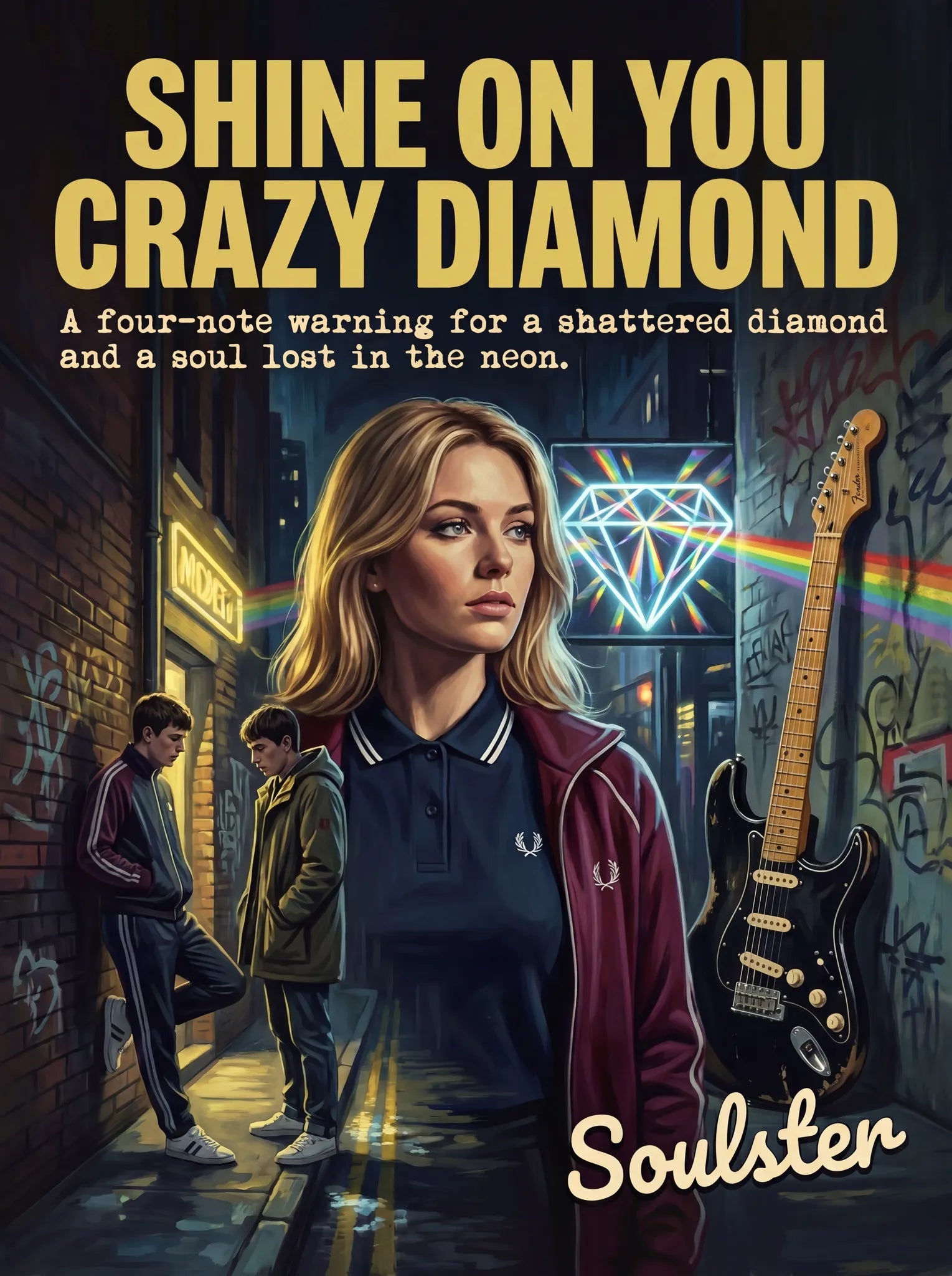 Soulster retro pulp thriller book cover style art print illustration inspired by Pink Floyd - Shine On You Crazy Diamond.