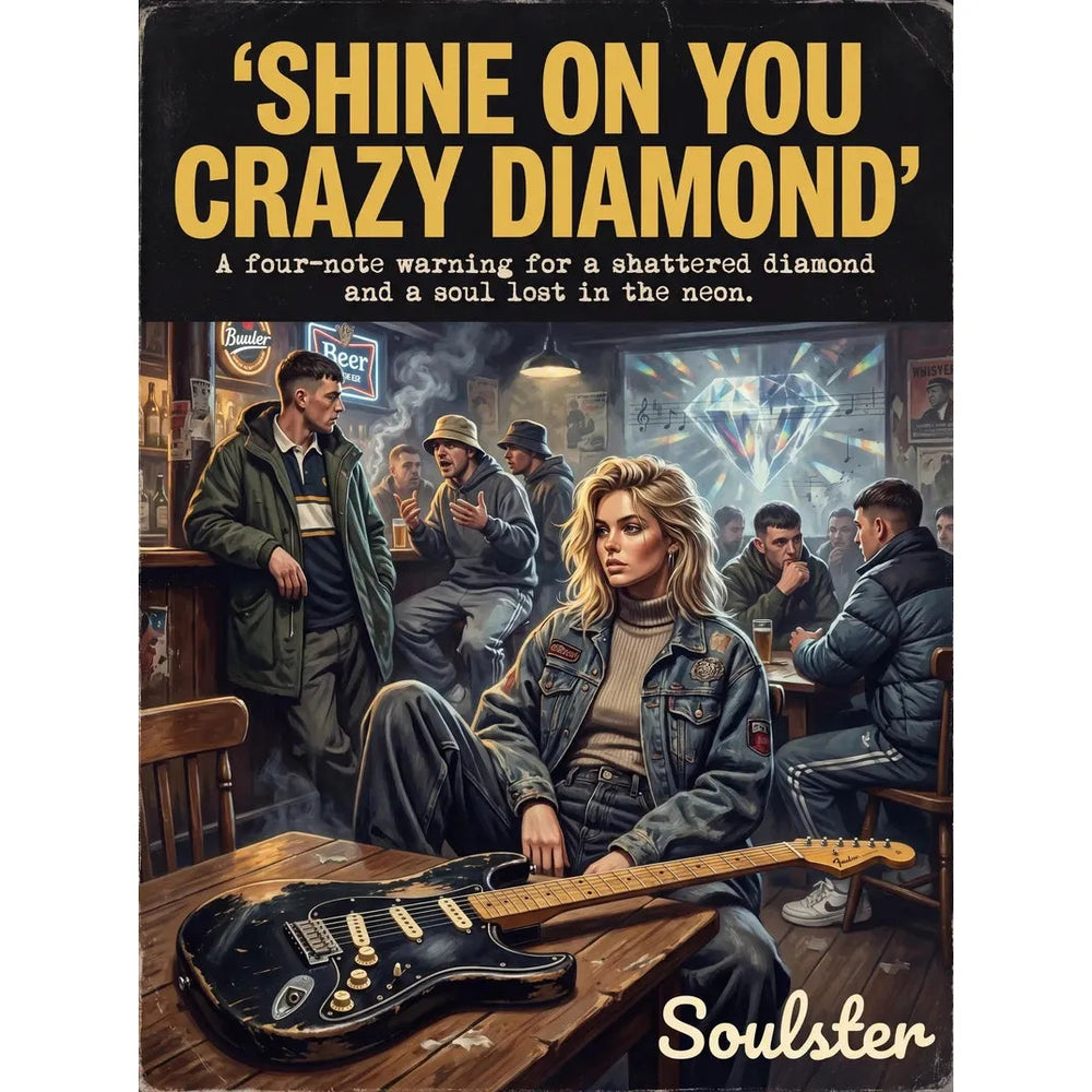 Soulster cinematic vintage pulp book cover art print illustration styled in a classic 1990s design layout inspired by Shine On You Crazy Diamond.