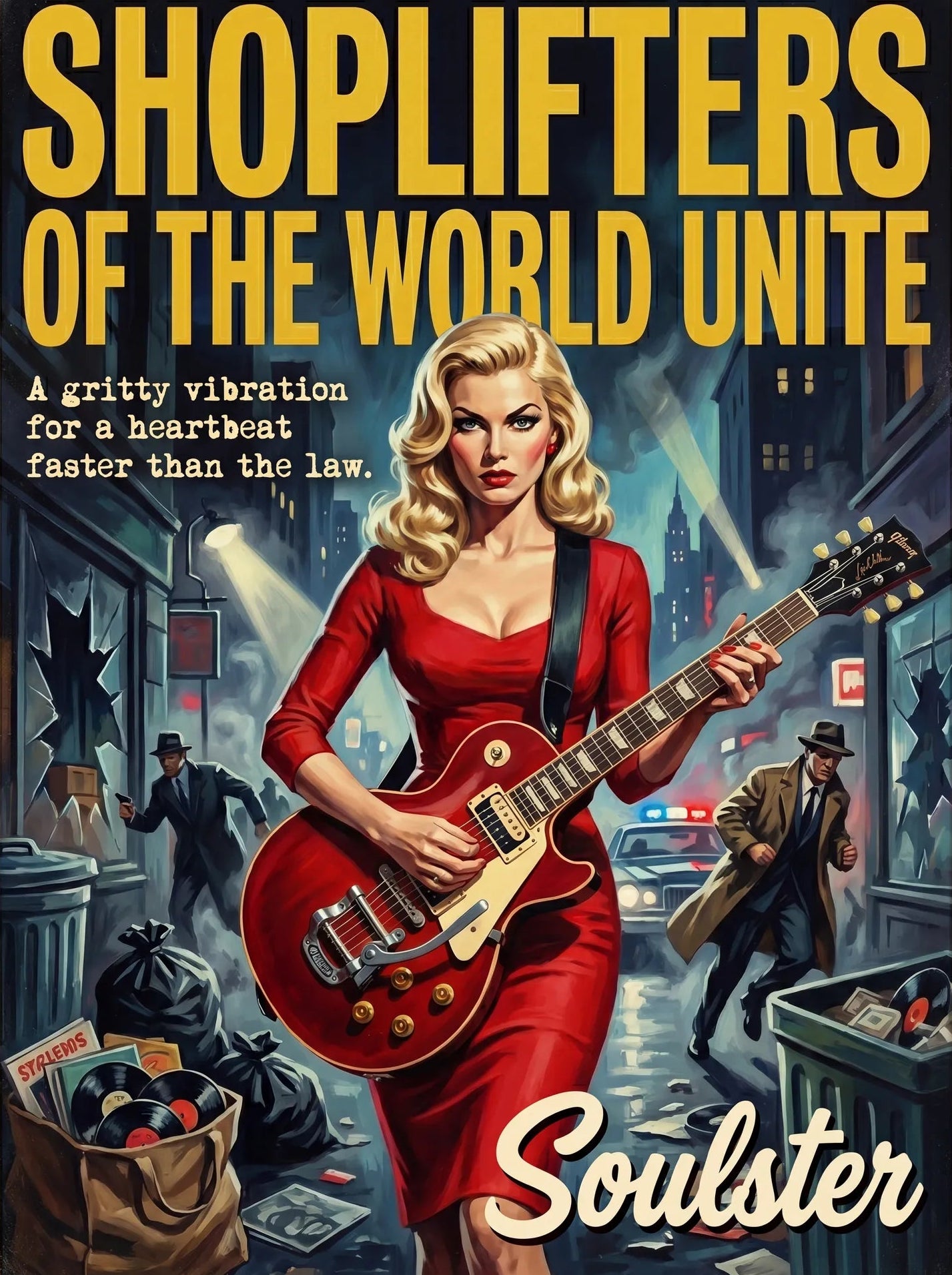 Soulster cinematic vintage pulp book cover art print illustration styled in a classic 1950s design layout inspired by Shoplifters Of The World Unite.