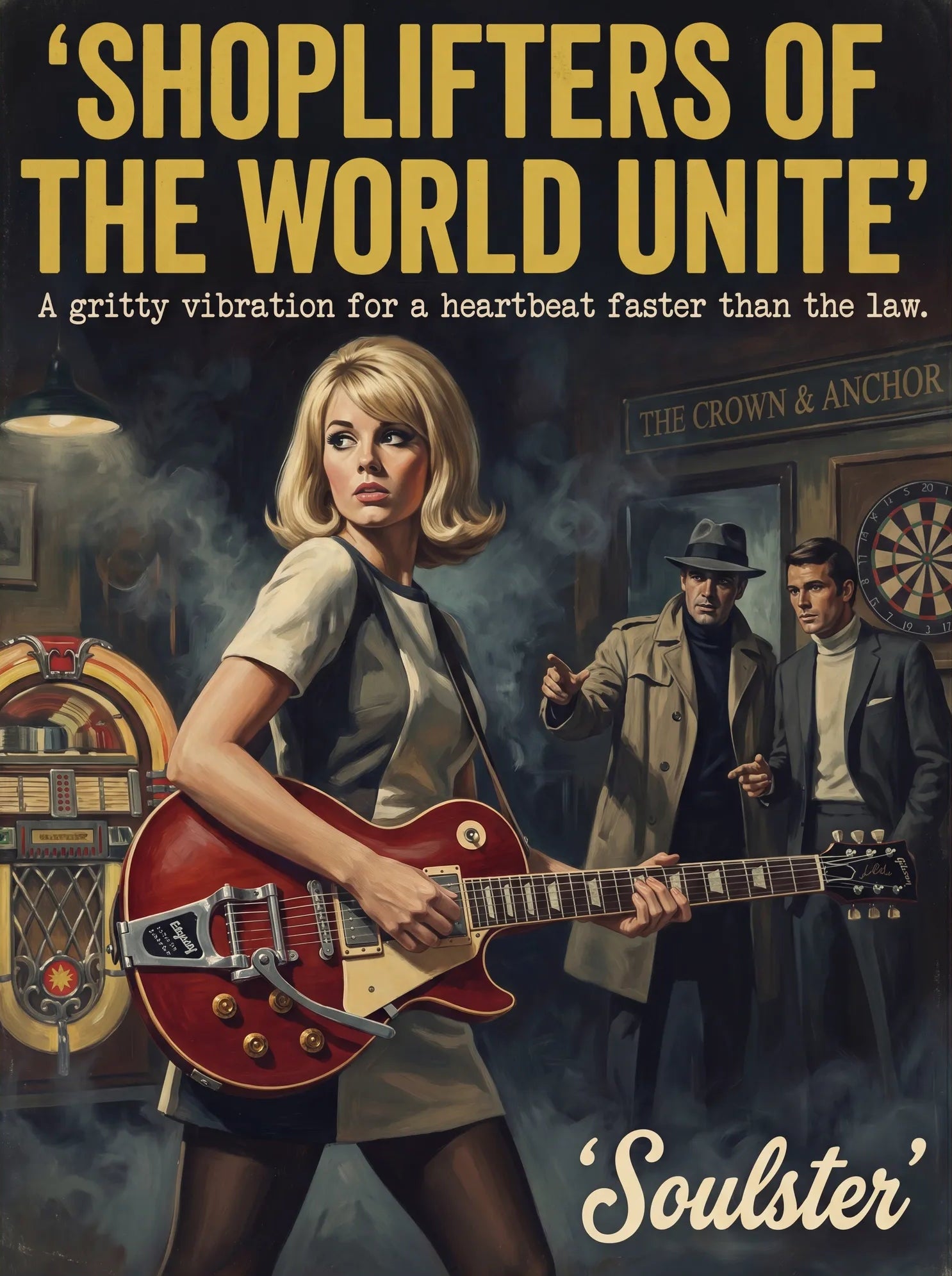 Soulster cinematic vintage pulp book cover art print illustration styled in a classic 1960s design layout inspired by Shoplifters Of The World Unite.