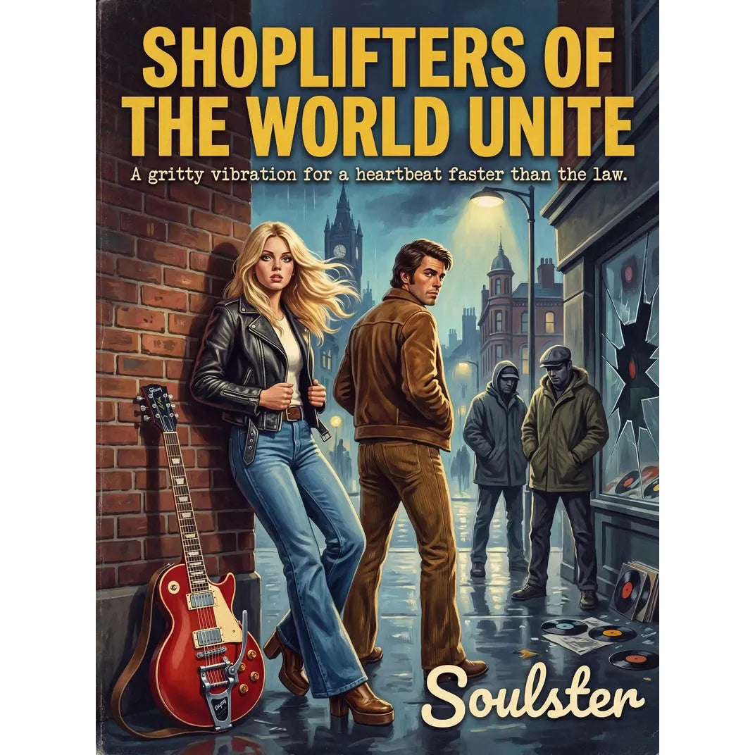 Soulster cinematic vintage pulp book cover art print illustration styled in a classic 1970s design layout inspired by Shoplifters Of The World Unite.