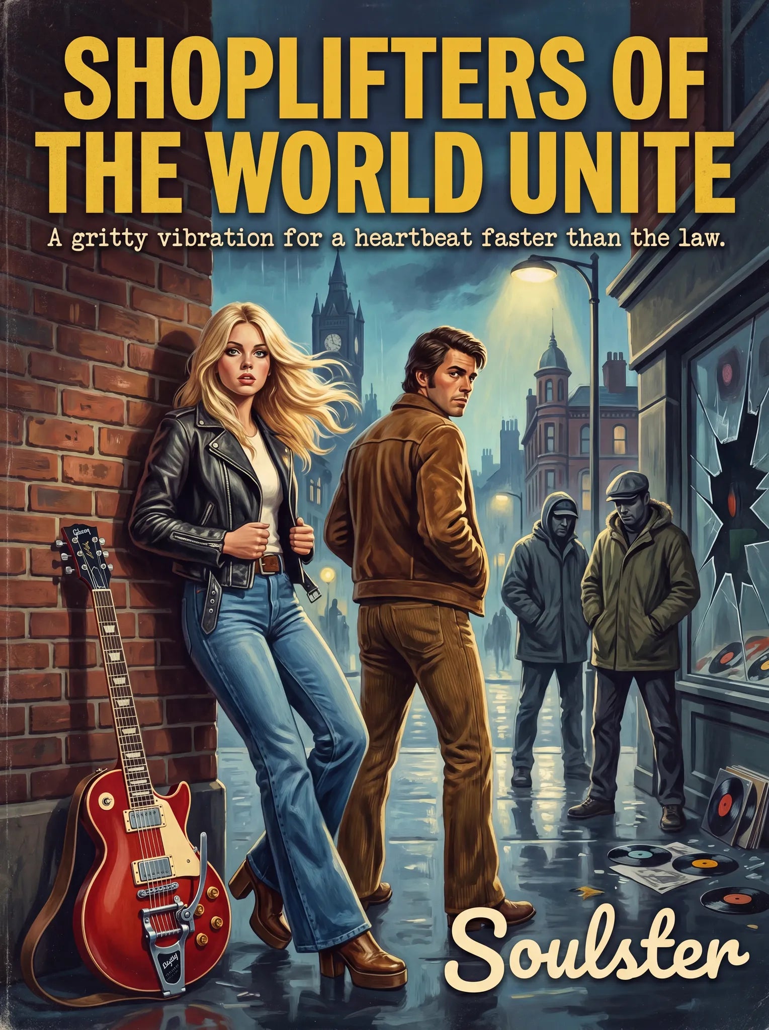 Soulster cinematic vintage pulp book cover art print illustration styled in a classic 1970s design layout inspired by Shoplifters Of The World Unite.