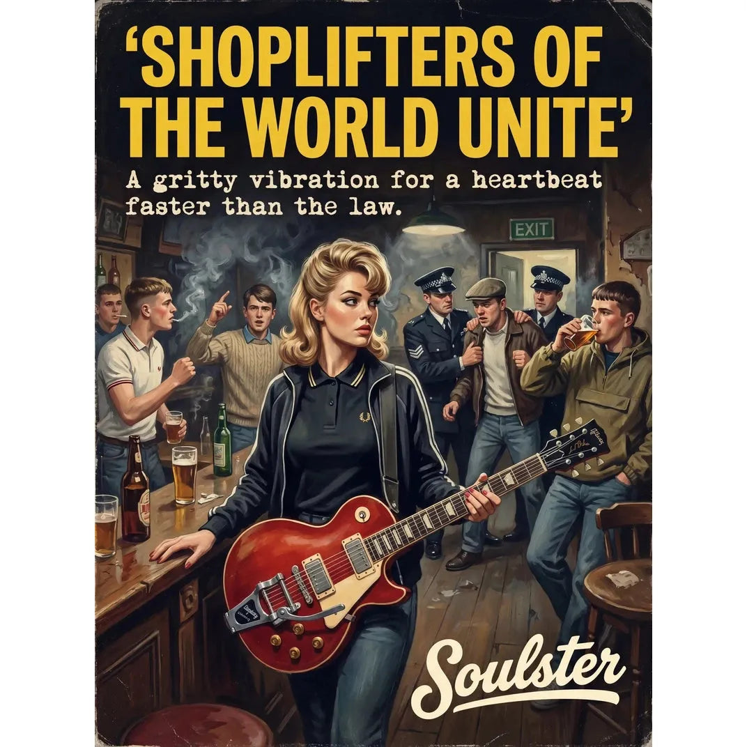 Soulster retro pulp thriller book cover style art print illustration inspired by The Smiths - Shoplifters Of The World Unite.