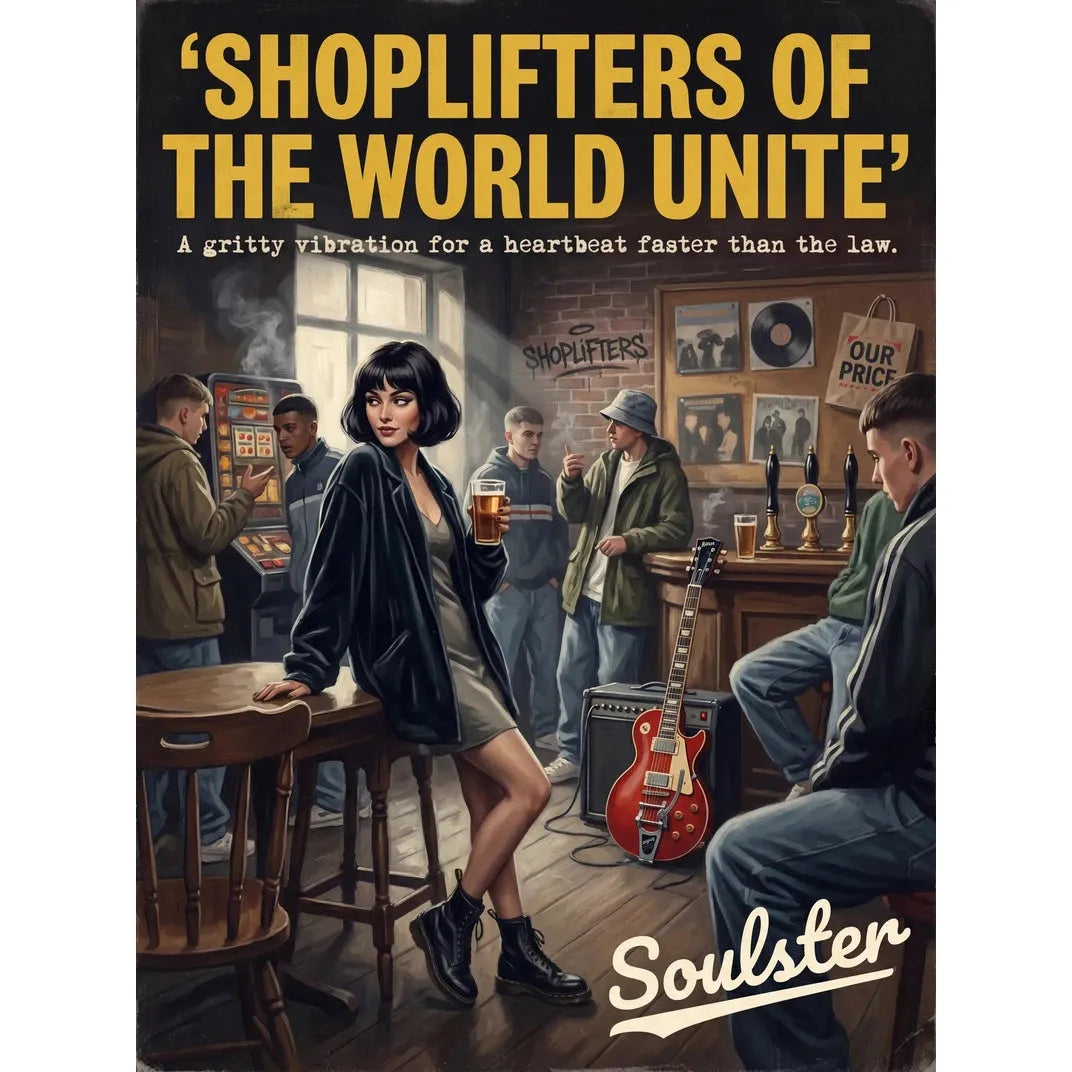 Soulster cinematic vintage pulp book cover art print illustration styled in a classic 1990s design layout inspired by Shoplifters Of The World Unite.