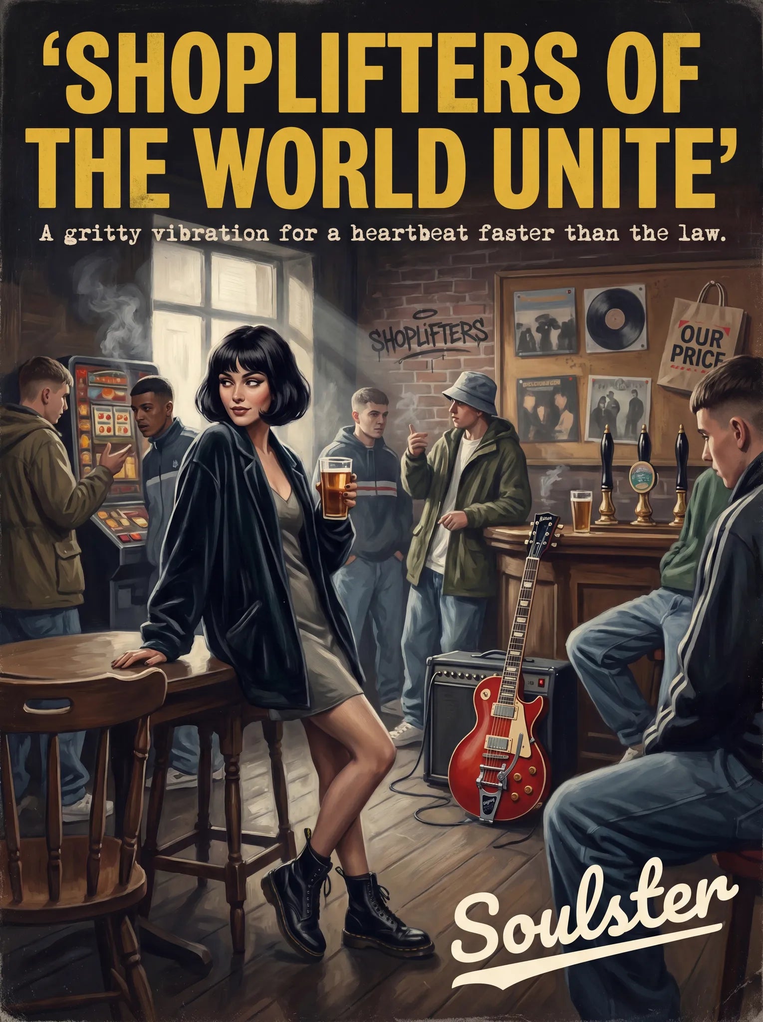 Soulster cinematic vintage pulp book cover art print illustration styled in a classic 1990s design layout inspired by Shoplifters Of The World Unite.