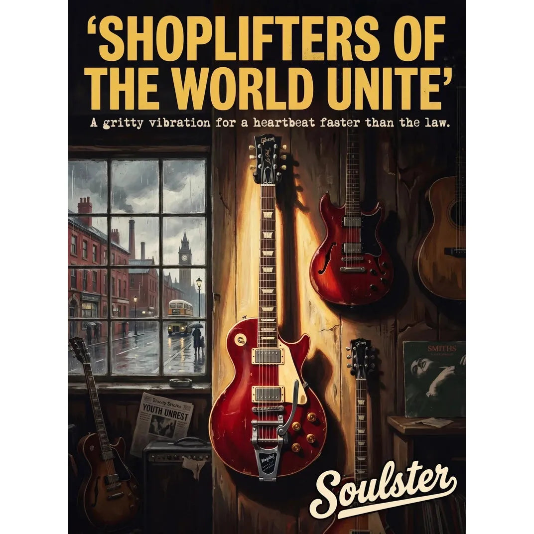 Soulster Manchester Edition wall art print showing a cinematic pulp style design of a Gibson Les Paul Standard inspired by Shoplifters Of The World Unite.