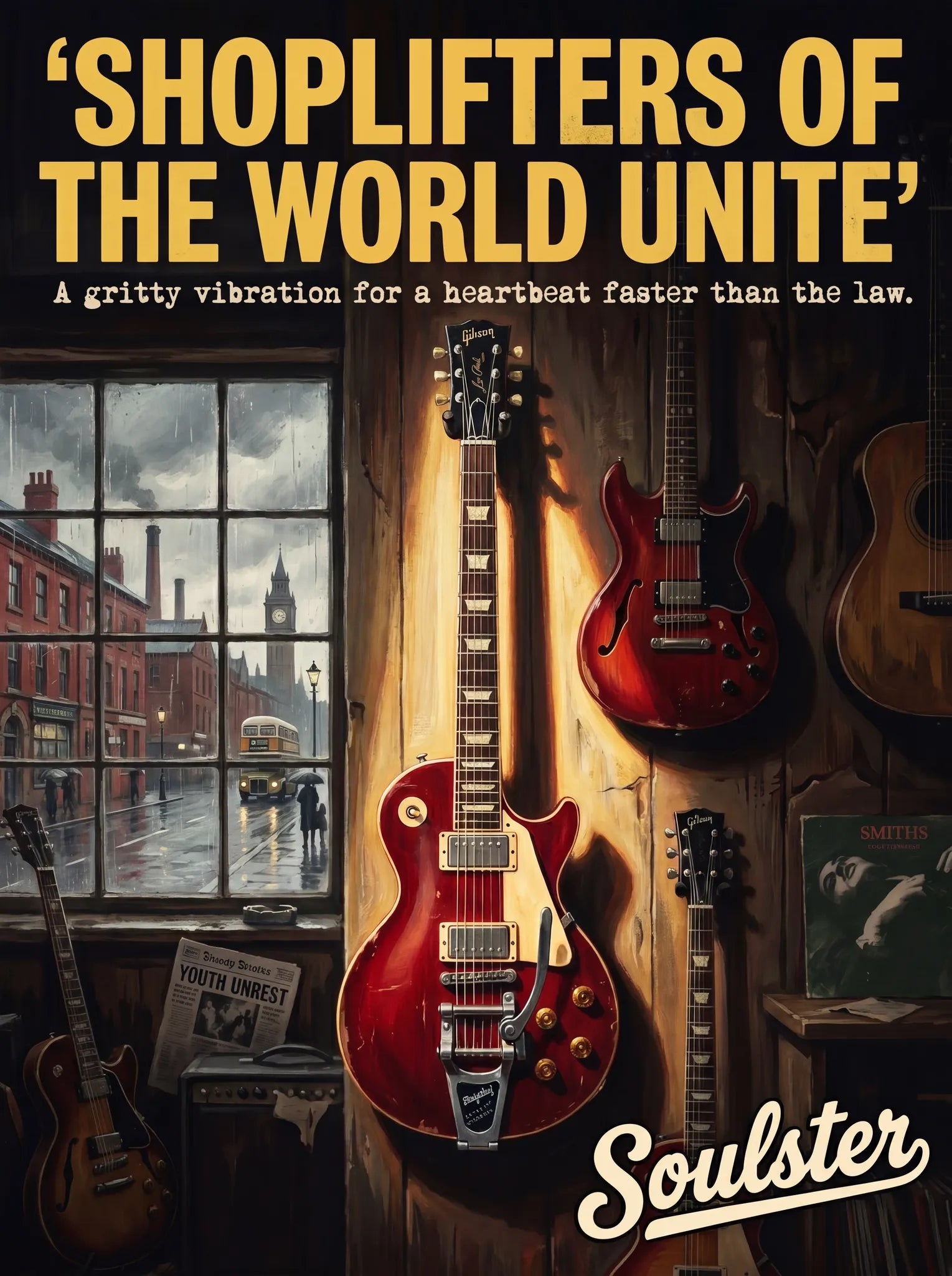 Soulster Manchester Edition wall art print showing a cinematic pulp style design of a Gibson Les Paul Standard inspired by Shoplifters Of The World Unite.