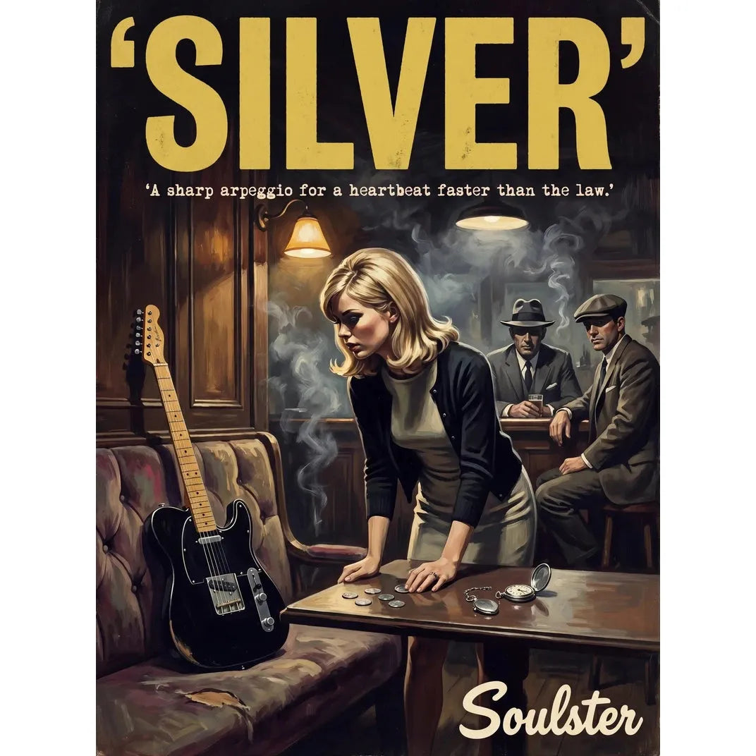 Soulster cinematic vintage pulp book cover art print illustration styled in a classic 1960s design layout inspired by Silver.