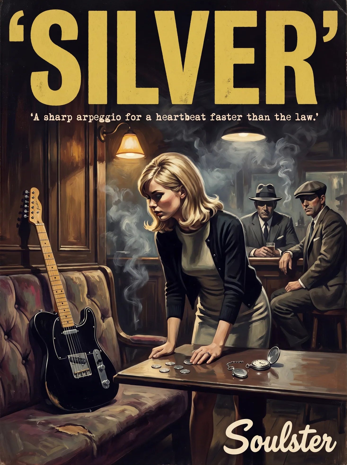 Soulster cinematic vintage pulp book cover art print illustration styled in a classic 1960s design layout inspired by Silver.