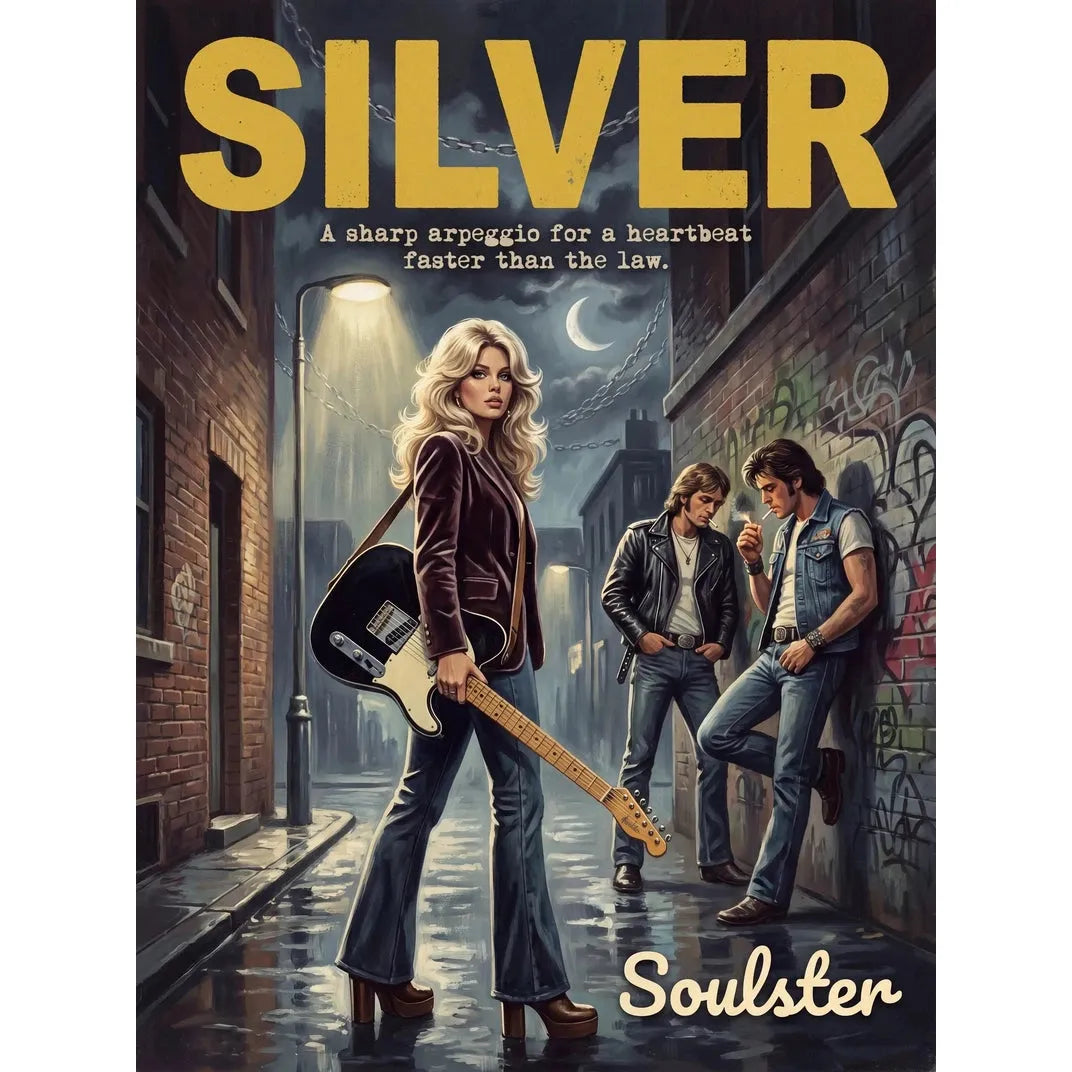 Soulster cinematic vintage pulp book cover art print illustration styled in a classic 1970s design layout inspired by Silver.