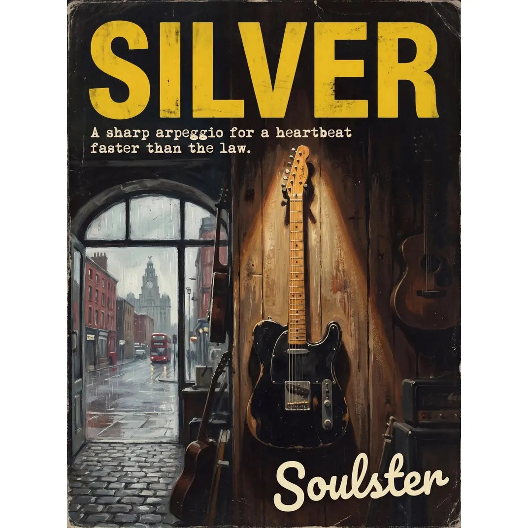 Soulster Manchester Edition wall art print showing a cinematic pulp style design of a Vintage Guitar inspired by Silver - Liverpool.