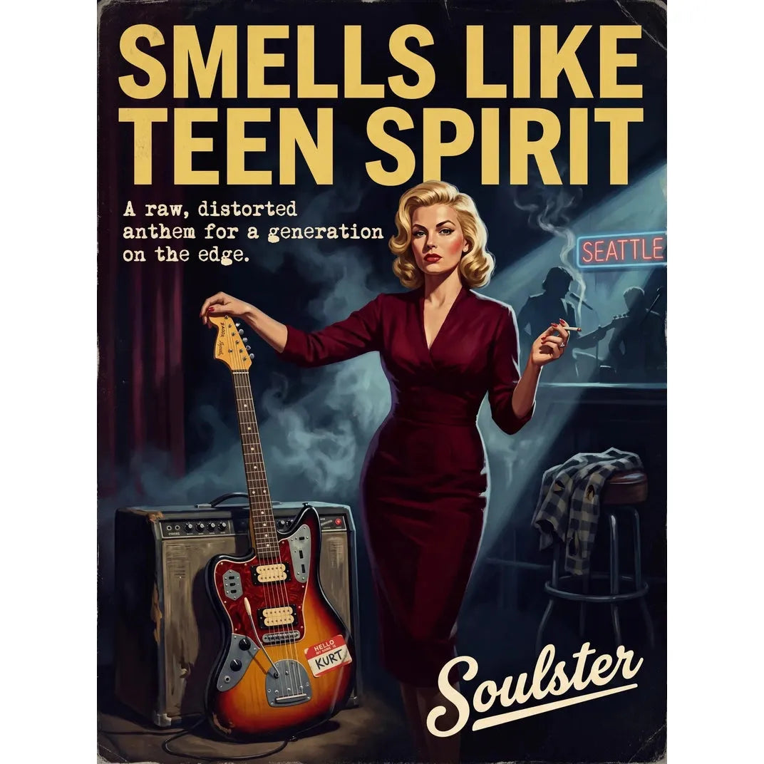 Soulster cinematic vintage pulp book cover art print illustration styled in a classic 1950s design layout inspired by Smells Like Teen Spirit.