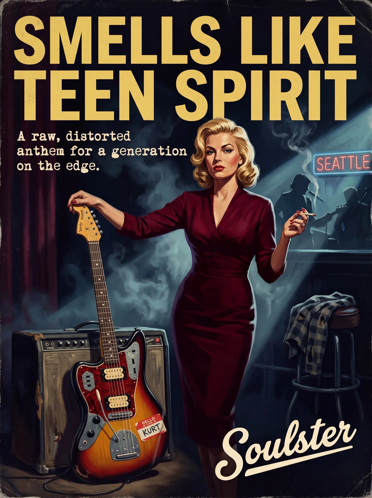 Soulster cinematic vintage pulp book cover art print illustration styled in a classic 1950s design layout inspired by Smells Like Teen Spirit.