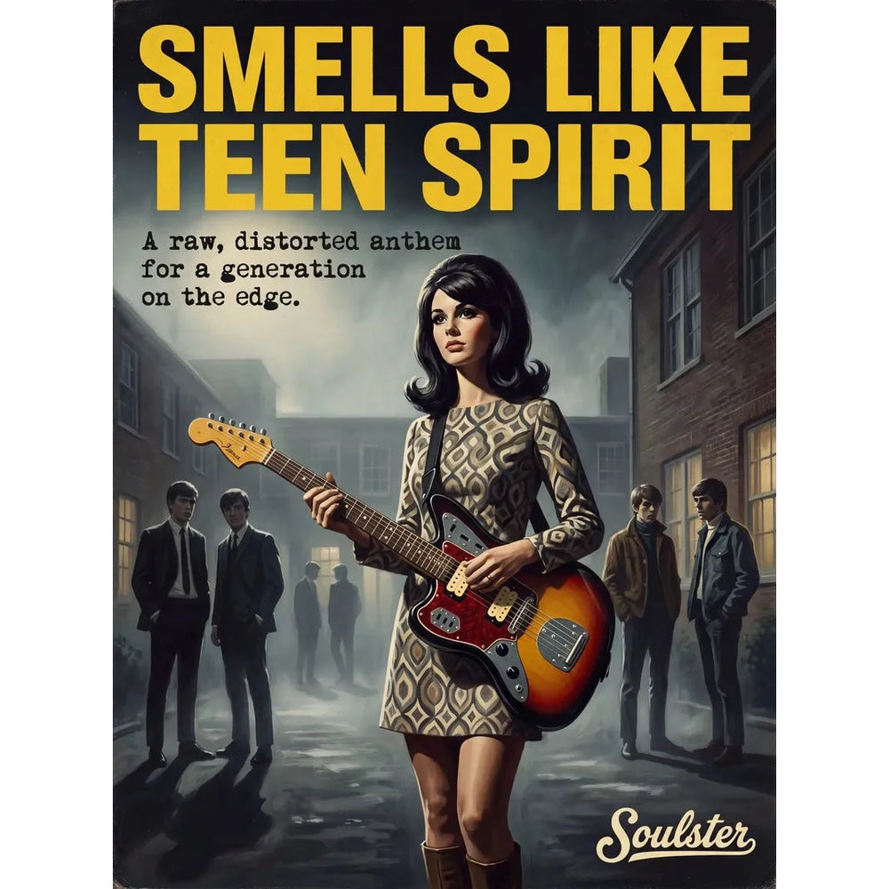 Soulster cinematic vintage pulp book cover art print illustration styled in a classic 1960s design layout inspired by Smells Like Teen Spirit.