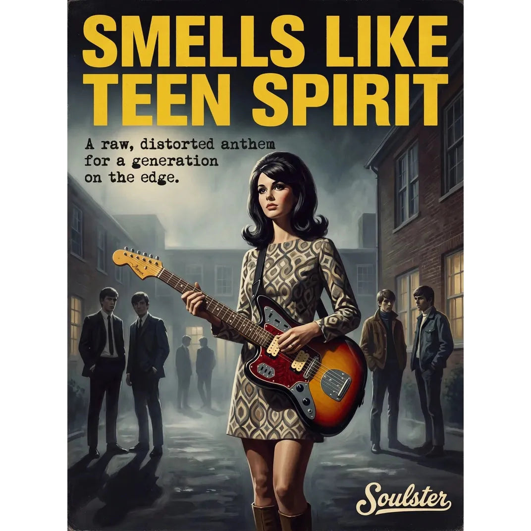 Soulster cinematic vintage pulp book cover art print illustration styled in a classic 1960s design layout inspired by Smells Like Teen Spirit.