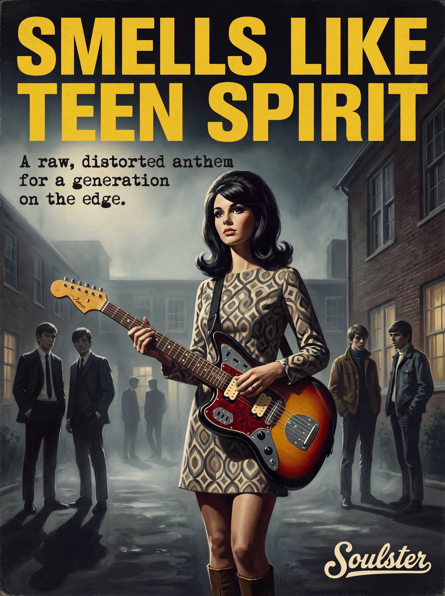 Soulster cinematic vintage pulp book cover art print illustration styled in a classic 1960s design layout inspired by Smells Like Teen Spirit.
