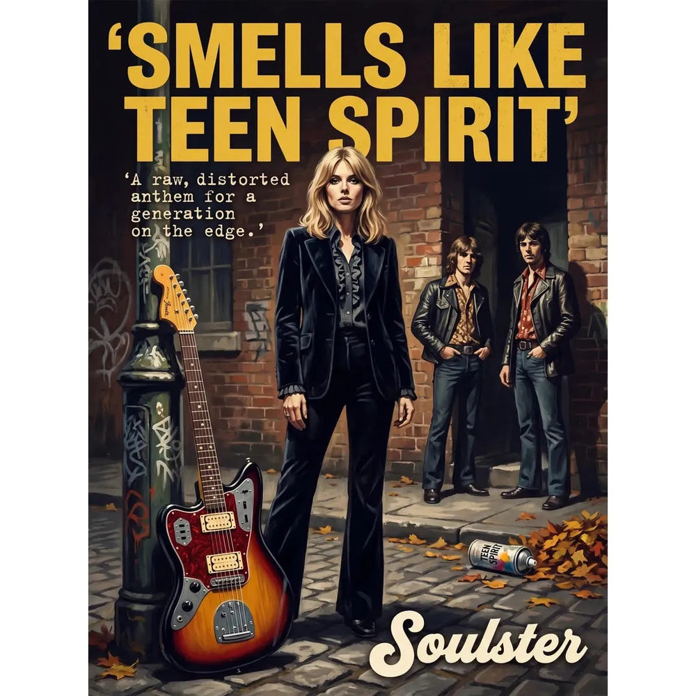 Soulster cinematic vintage pulp book cover art print illustration styled in a classic 1970s design layout inspired by Smells Like Teen Spirit.
