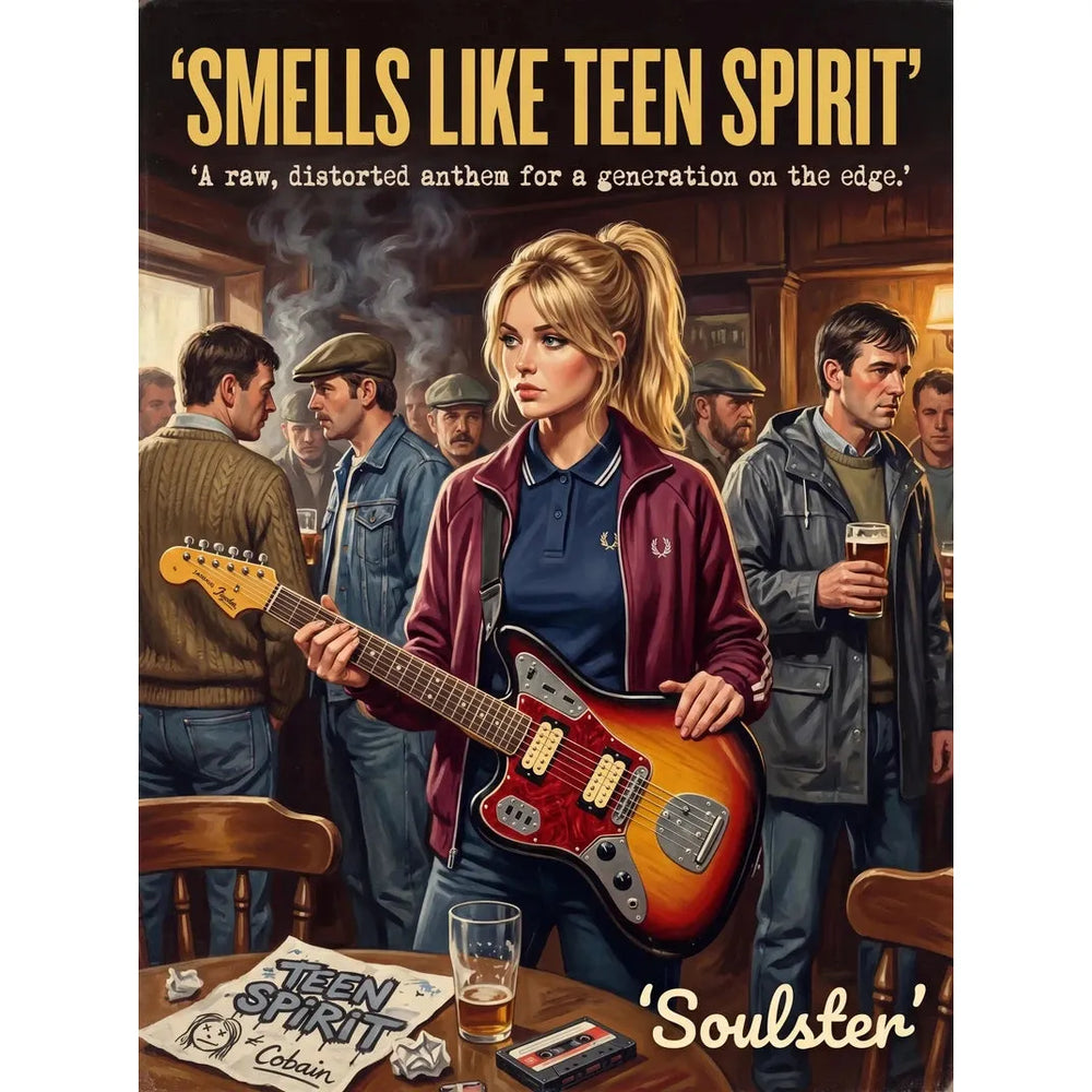 Soulster retro pulp thriller book cover style art print illustration inspired by Nirvana - Smells Like Teen Spirit.